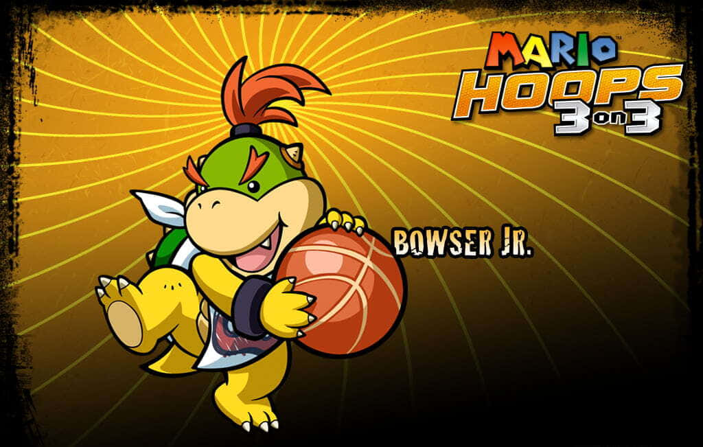 Bowser Jr 桌布 壁紙 — 在《Mario Hoops 3 on 3》中，庫巴二世在陽光黃色背景前運球，咧嘴而笑。