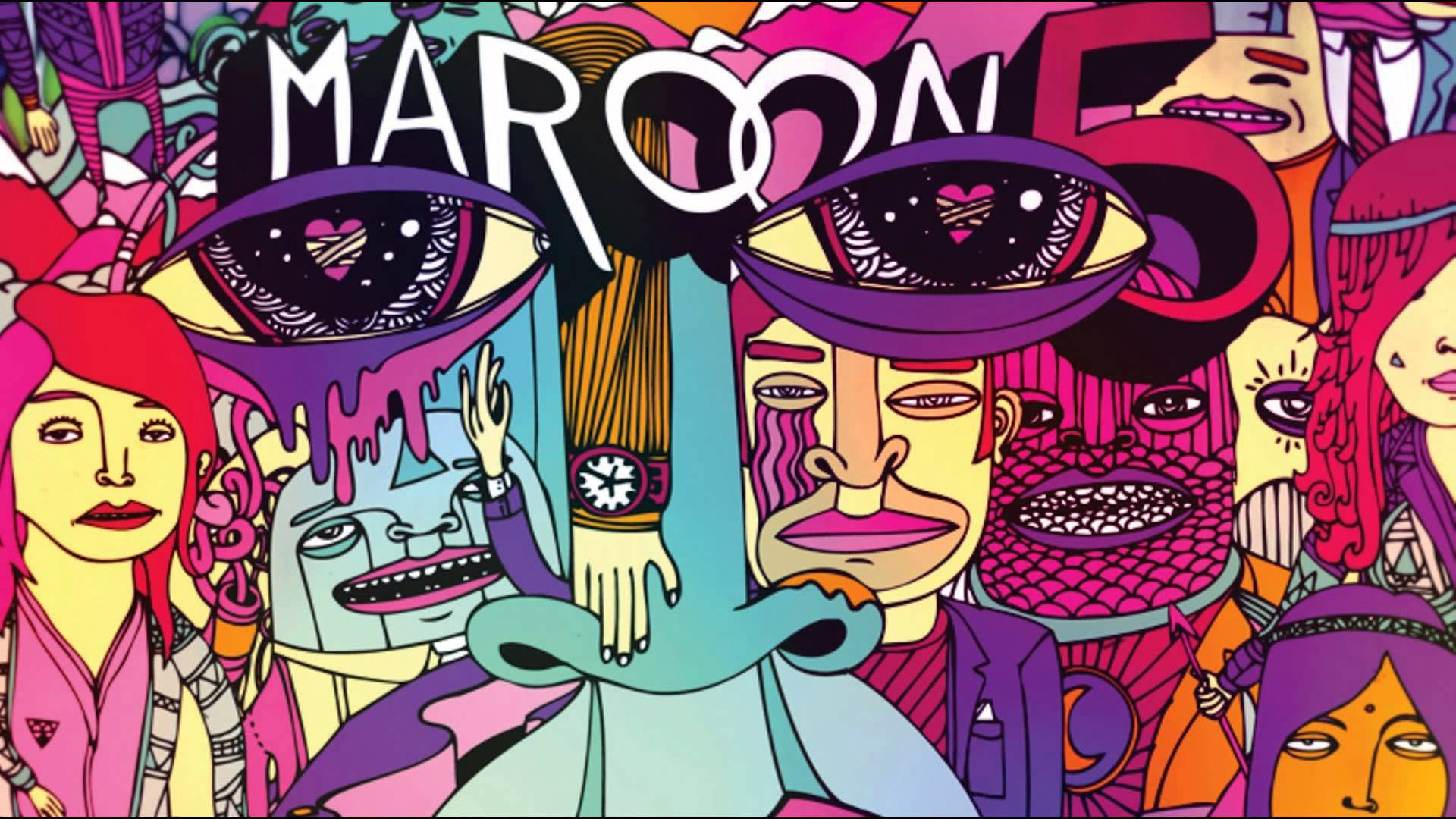 藝術 桌布 壁紙 — 在'MAROON 5'文字下方，充滿活力的迷幻插圖，描繪一群帶有超現實面孔和滴落眼睛的人群。