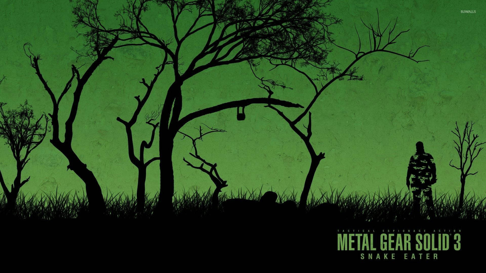 metal 桌布 壁紙 — 在《Metal Gear Solid 3》中，光禿禿的樹木下，剪影士兵和倒下的戰友，背景是帶紋理的綠色。