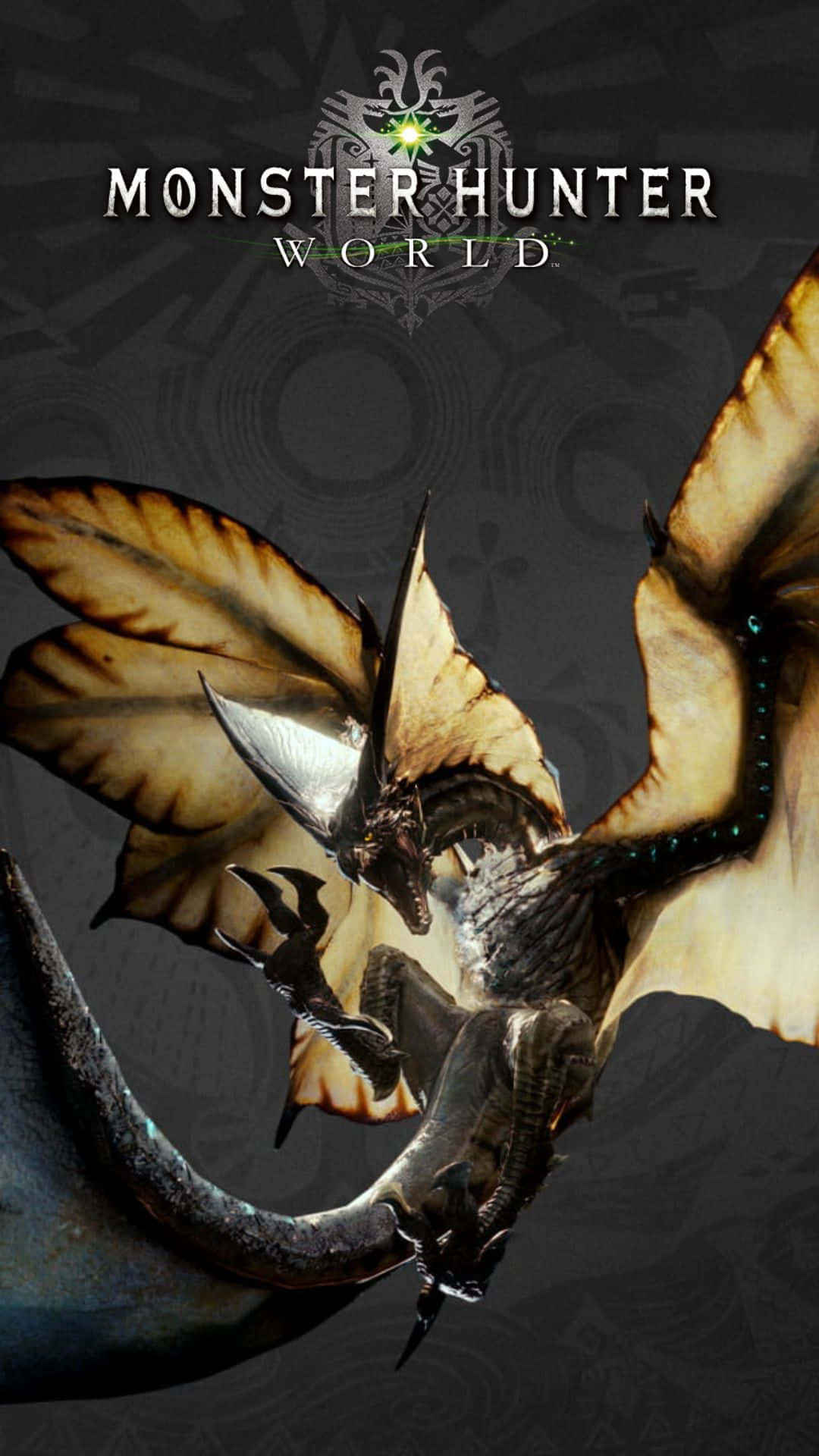 Android Monster Hunter World 桌布 壁紙 — 在《Monster Hunter World》中，一隻帶有皮革翅膀和發光眼睛的威脅性巨龍在深色圖案背景上翱翔。