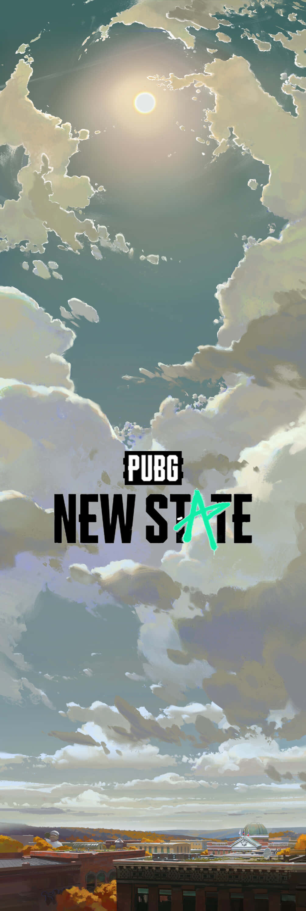 Pubg Logo 桌布 壁紙 — 在 PUBG New State 標誌下方，一個風格化的天空，帶有陽光照射的雲朵和遠處的城市景觀。