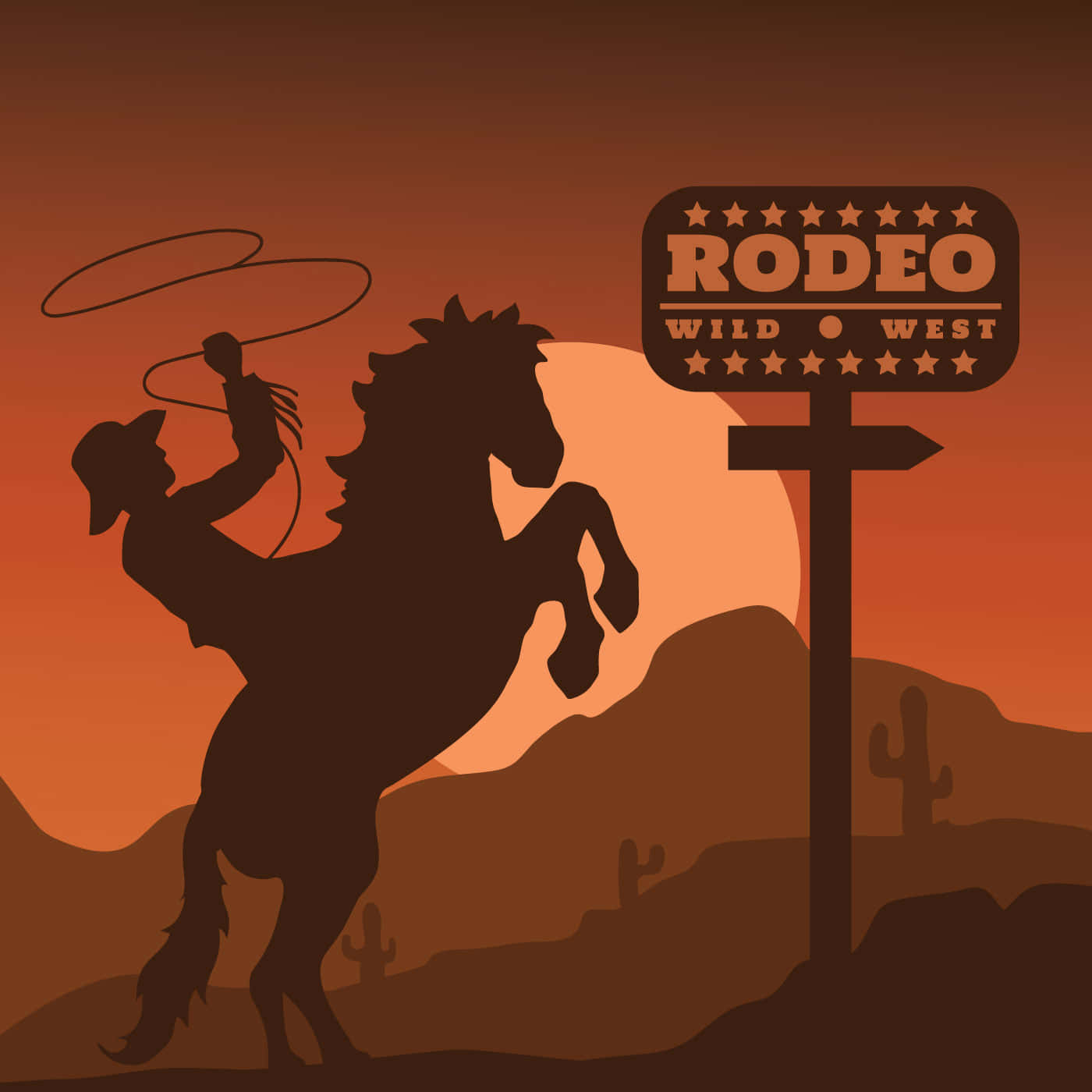 Rodeo 桌布 壁紙 — 在『Rodeo Wild West』標誌後面，一個牛仔騎在後腿站立的馬上，揮舞著套索，映襯著熾熱的日落剪影。