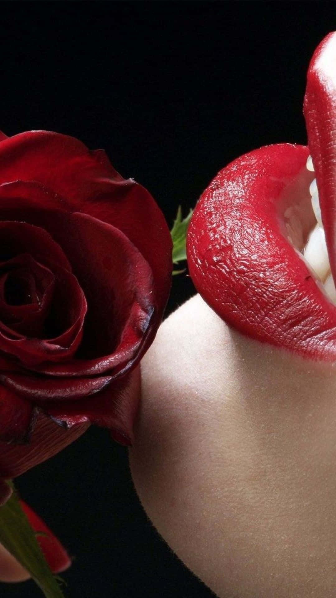 red lips 桌布 壁紙 — 在 stark 黑色背景上，亮澤紅唇與深紅玫瑰的特寫。