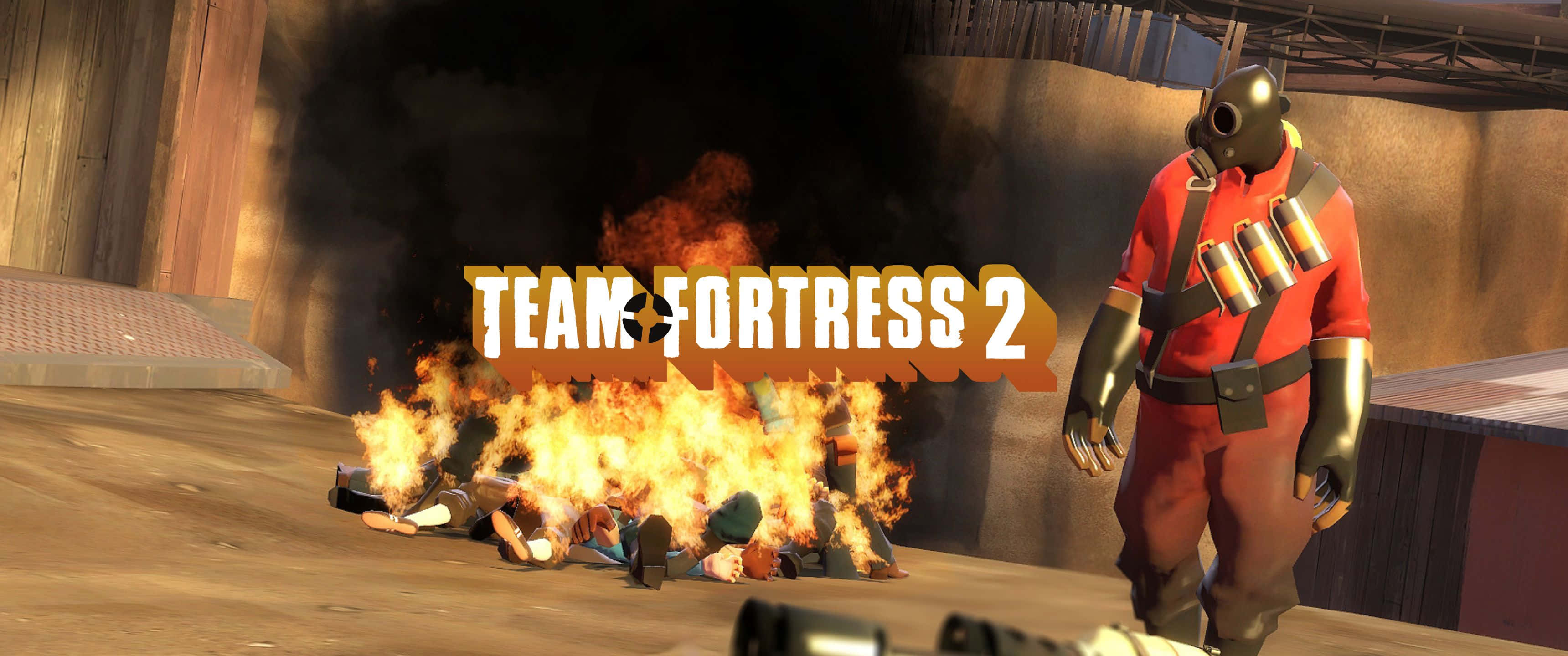 3440x1440p Tf2 桌布 壁紙 — 在 Team Fortress 2 的倉庫場景中，一堆燃燒的屍體躺在一位身穿紅色衣服的士兵面前。