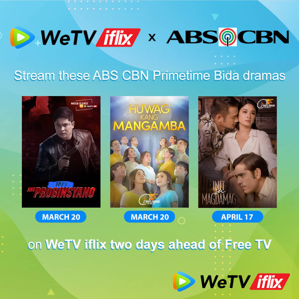藍色 桌布 壁紙 — 在 WeTV iflix 上串流的 ABS CBN 劇集宣傳圖，包含三個節目海報和發行日期。
