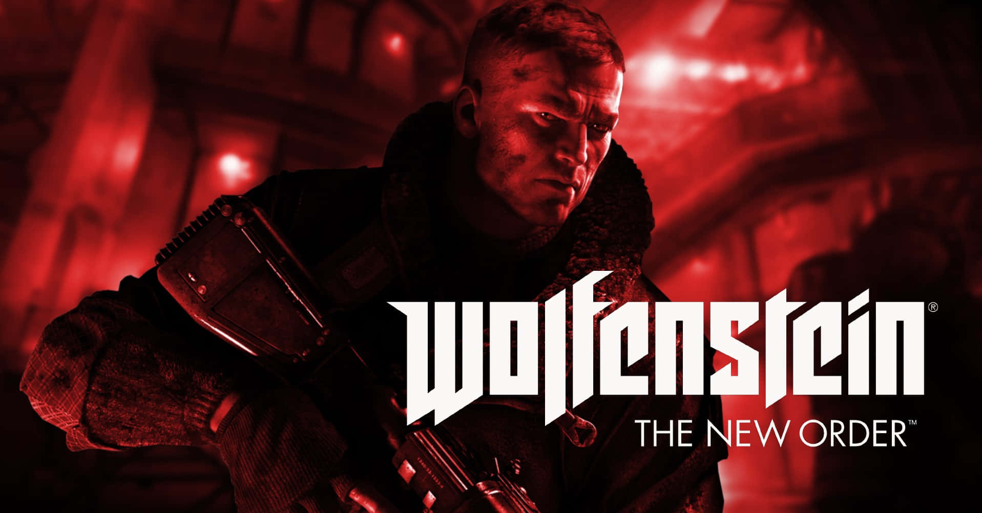 1920x1080 Wolfenstein Ii 桌布 壁紙 — 在《Wolfenstein The New Order》中，一名陰沉的士兵在紅光照亮的反烏托邦走廊中緊握步槍，專注力極強。