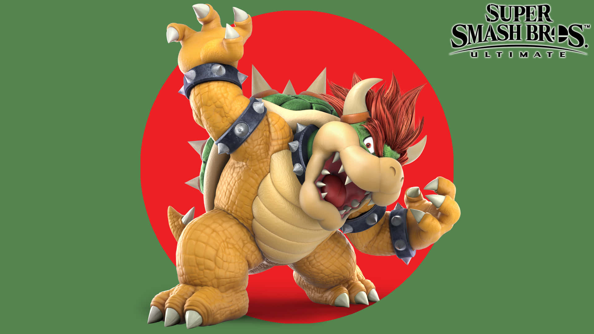 bowser 桌布 壁紙 — 在《任天堂明星大亂鬥 終極版》中，庫巴對著綠色背景上的紅色圓圈猛烈咆哮。