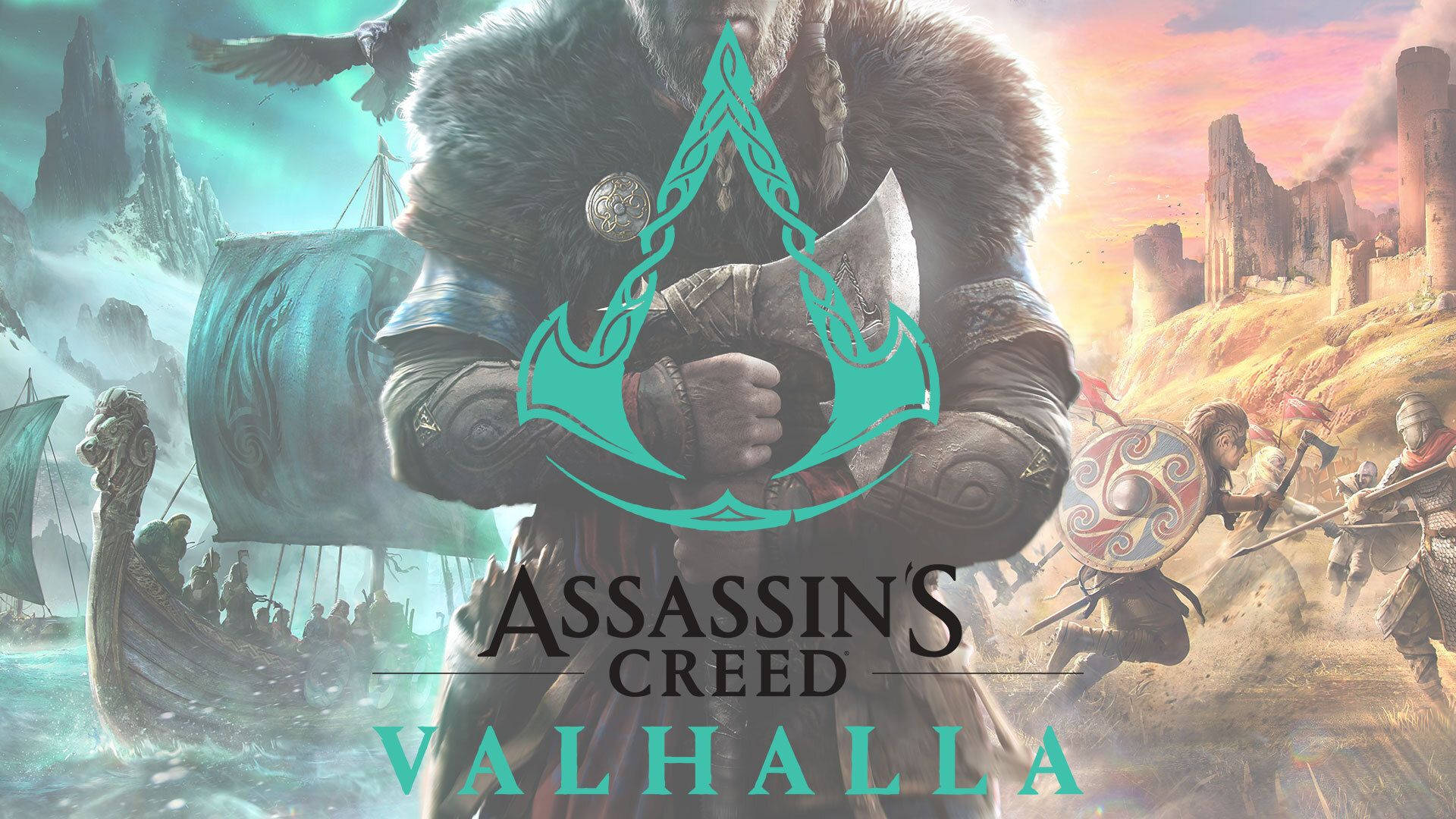 Valhalla 桌布 壁紙 — 在《刺客教條：維京紀元》中，一名維京戰士緊握斧頭，長船在發光的天空下駛過廢墟。
