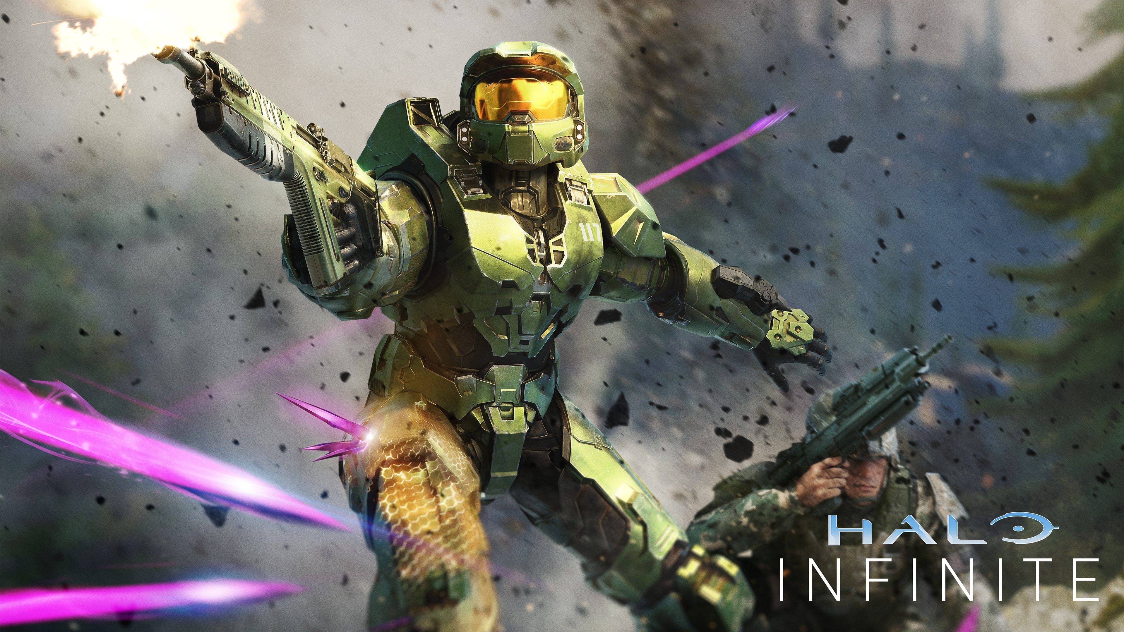 4K halo 桌布 壁紙 — 在《最後一戰：無限》的戰鬥場景中，一名身穿綠色盔甲的斯巴達戰士在紫色能量爆炸和碎片中開火。