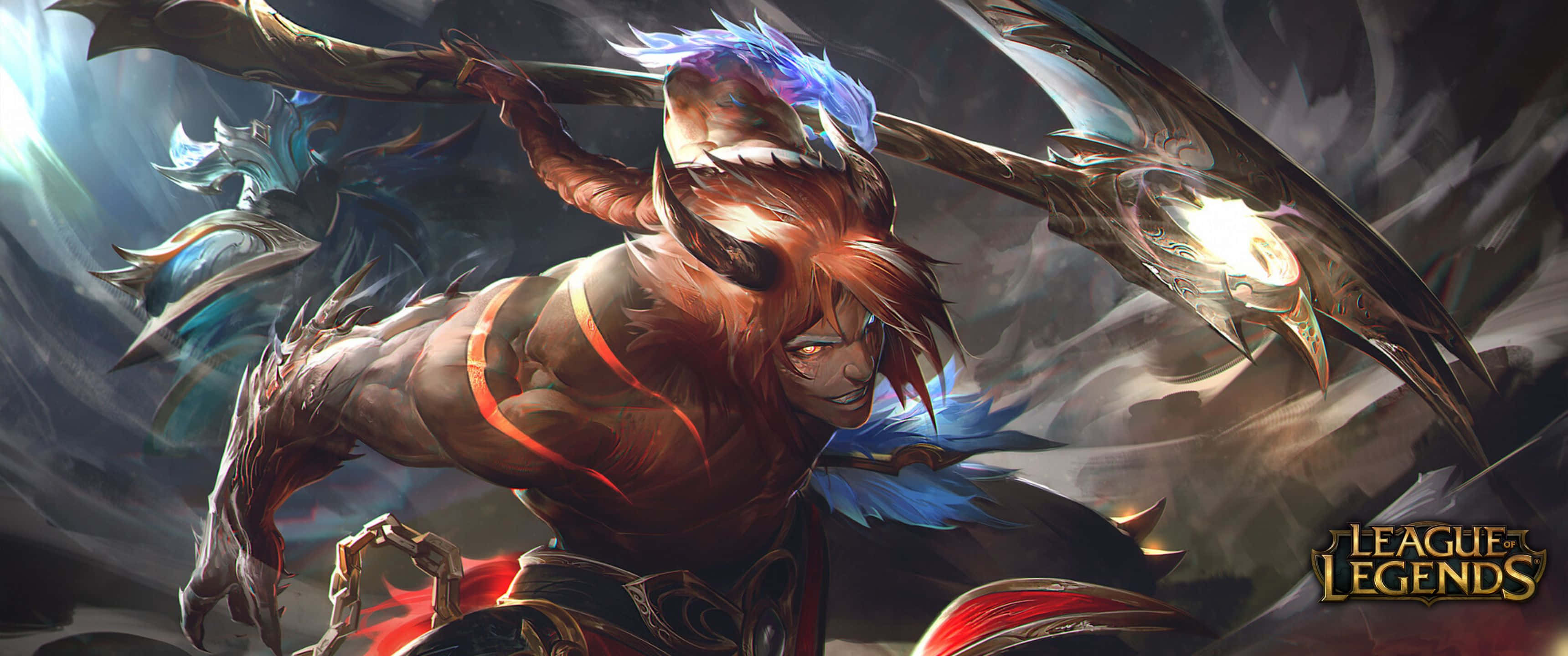 3440x1440p League Of Legends 桌布 壁紙 — 在《英雄聯盟》插圖中，一名肌肉發達、長有角、藍色頭髮的戰士，在暴風雨背景下揮舞著發光的鐮刀。
