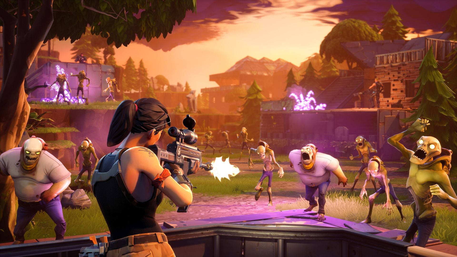 Fortnite 桌布 壁紙 — 在《要塞英雄》中，一名玩家在充滿活力的日落照亮郊區戰場上向逼近的殭屍開火。
