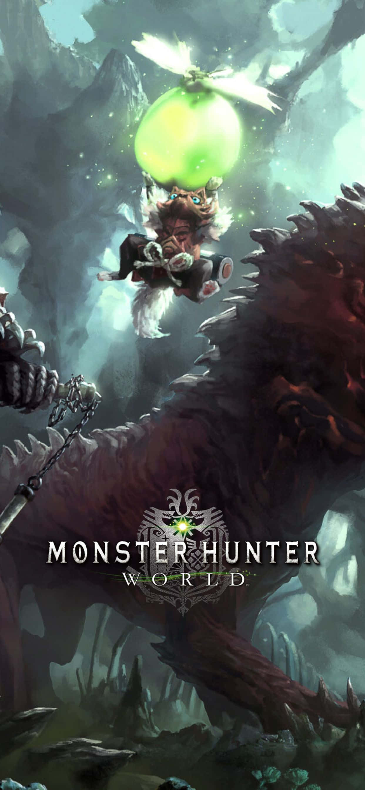 Gaming Logos 桌布 壁紙 — 在《魔物獵人 世界》中，獵人騎著發光的綠色魔物穿過迷霧洞穴景觀。