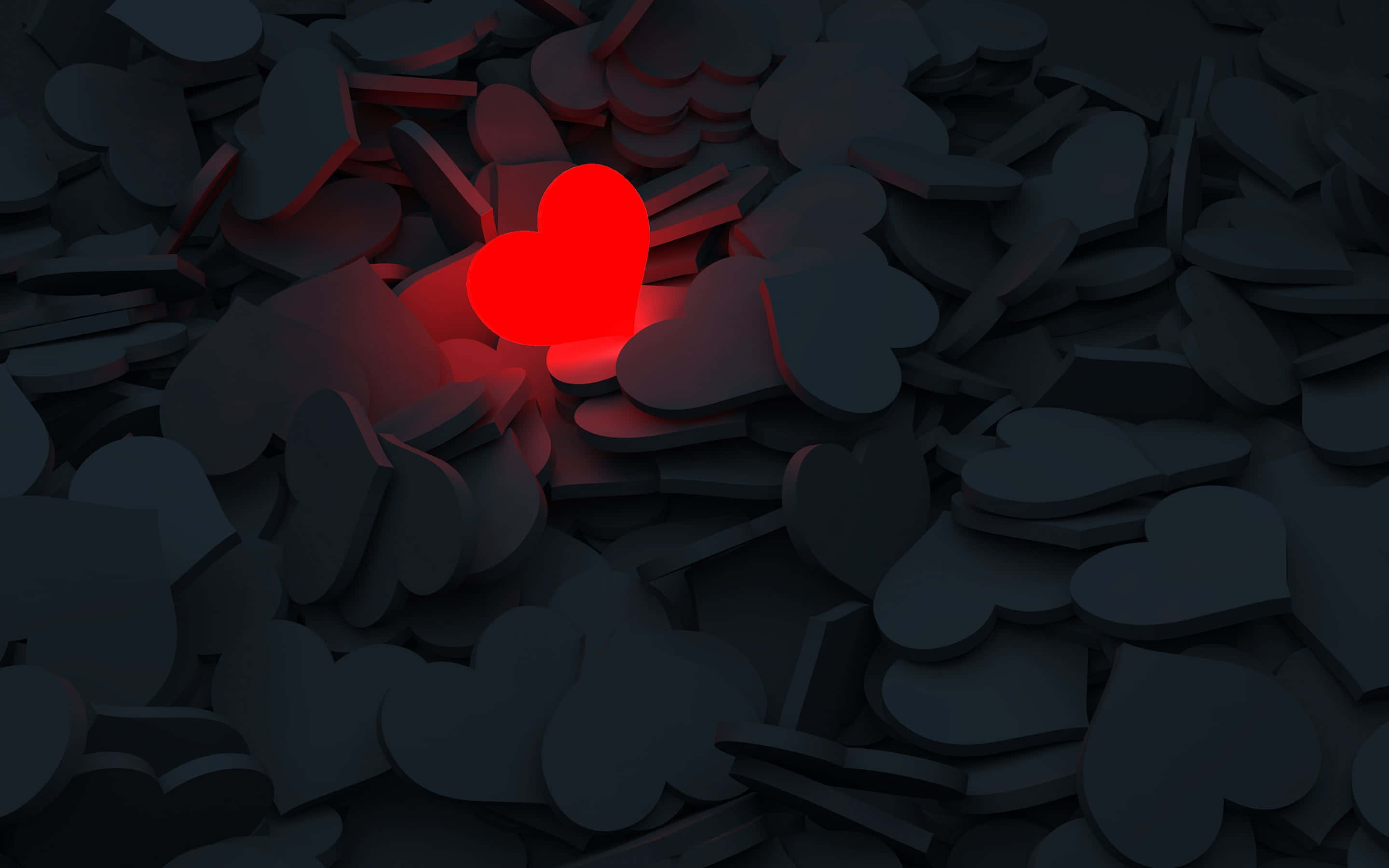 Aesthetic Heart 桌布 壁紙 — 在3D渲染場景中，一顆發光的紅色心形在一片深灰色心形中脫穎而出。