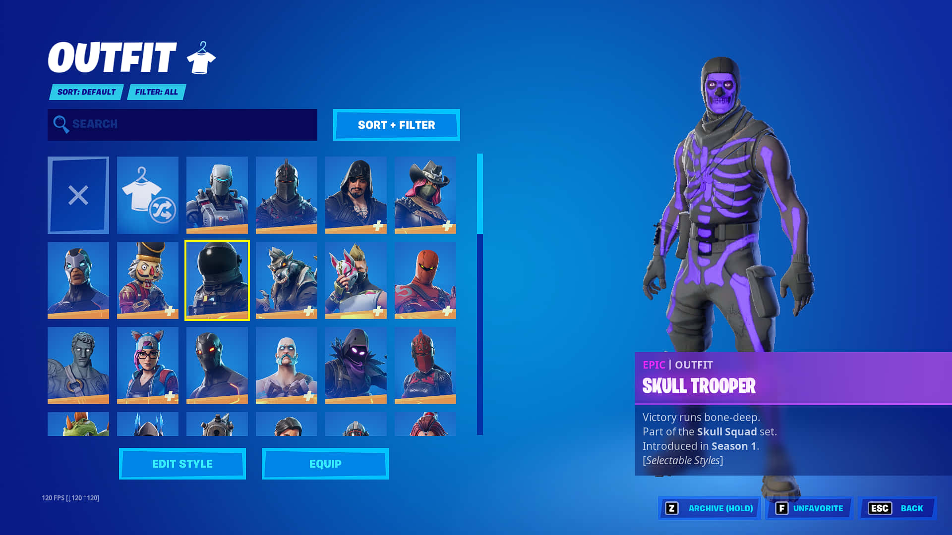 桌布 壁紙 — 在Fortnite的服裝選擇選單中顯示的發光紫色骷髏士兵服裝，背景為藍色。