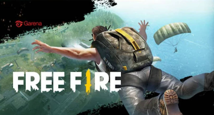 free fire banner 桌布 壁紙 — 在Free Fire遊戲標誌中，一名士兵跳傘越過充滿活力的綠色戰場。