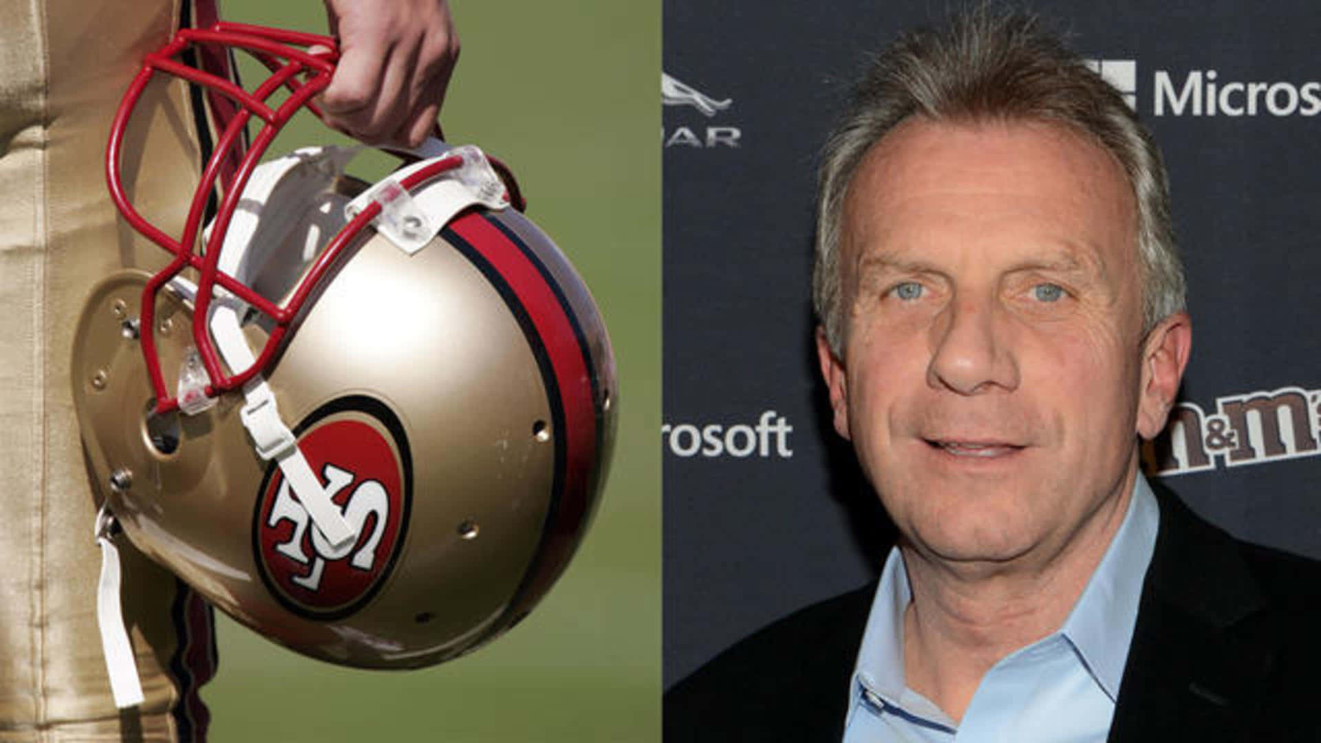 Joe Montana 桌布 壁紙 — 在Microsoft活動中，一名球員手持舊金山49人隊的足球頭盔，旁邊有一位身穿西裝、面帶微笑的男子。