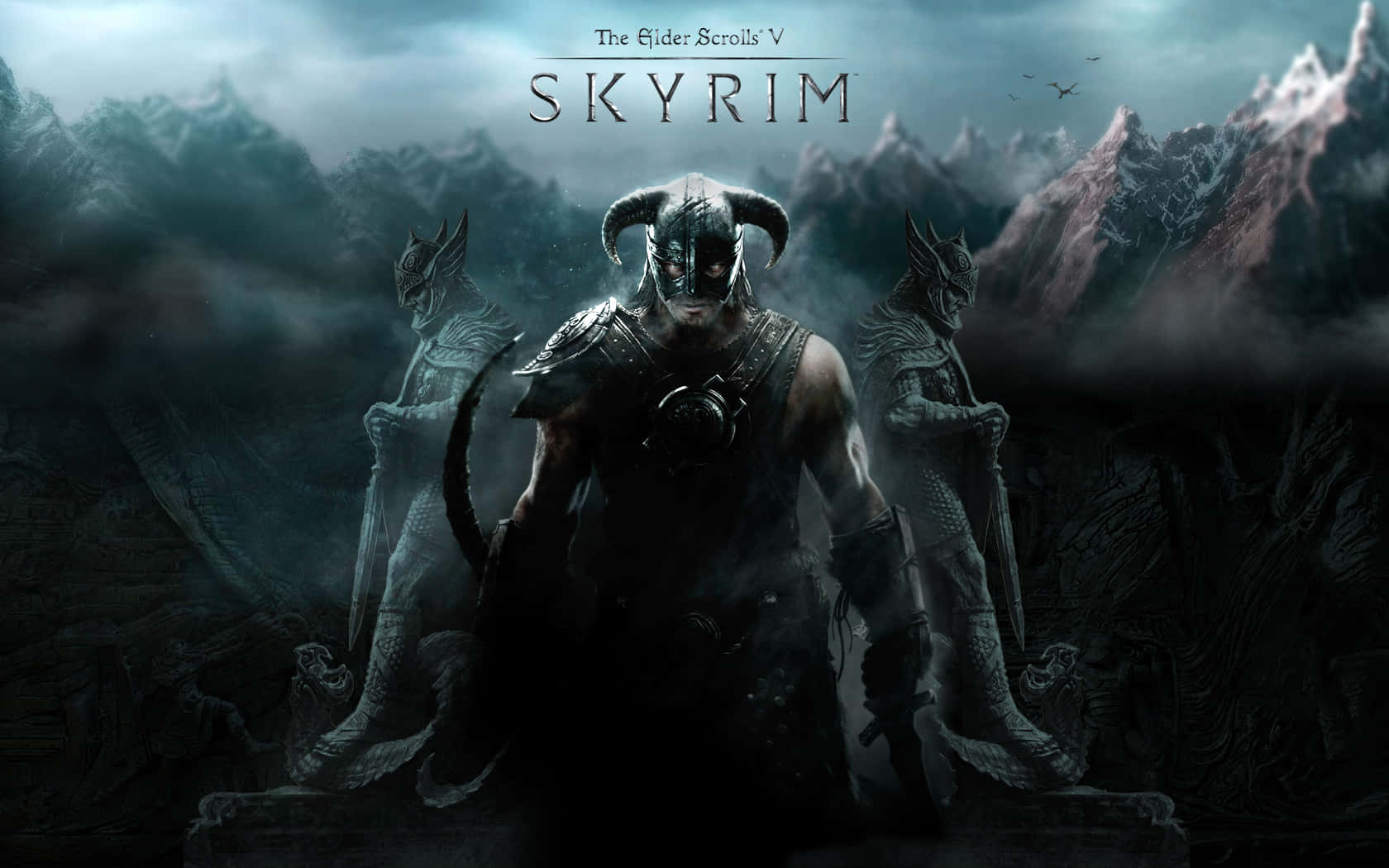 上古卷軸V：無界天際 桌布 壁紙 — 在Skyrim的暴風雨天空下，一個有角的黑暗裝甲戰士挑釁地站在崎嶇的山脈前。