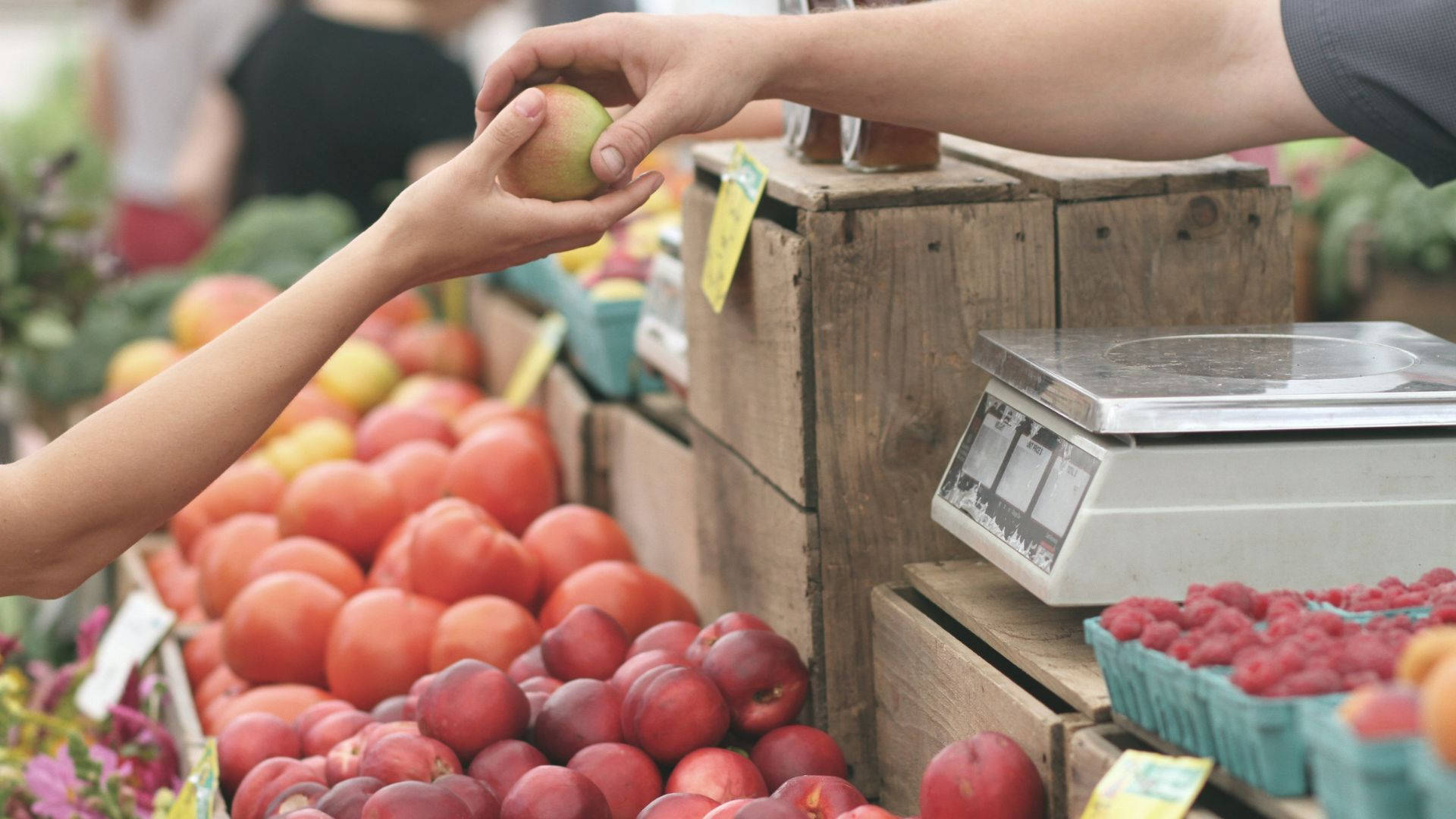 Fruits 桌布 壁紙 — 在一個充滿活力的農夫市集攤位，堆滿新鮮農產品，有人遞給一個孩子一顆蘋果。