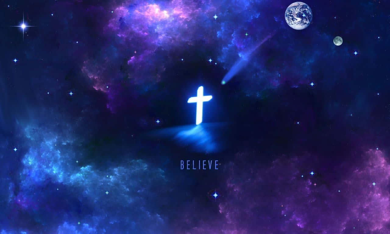 太空中發光的十字架，地球和月球被星星和星雲環繞。 — 十字架 GIF 壁紙