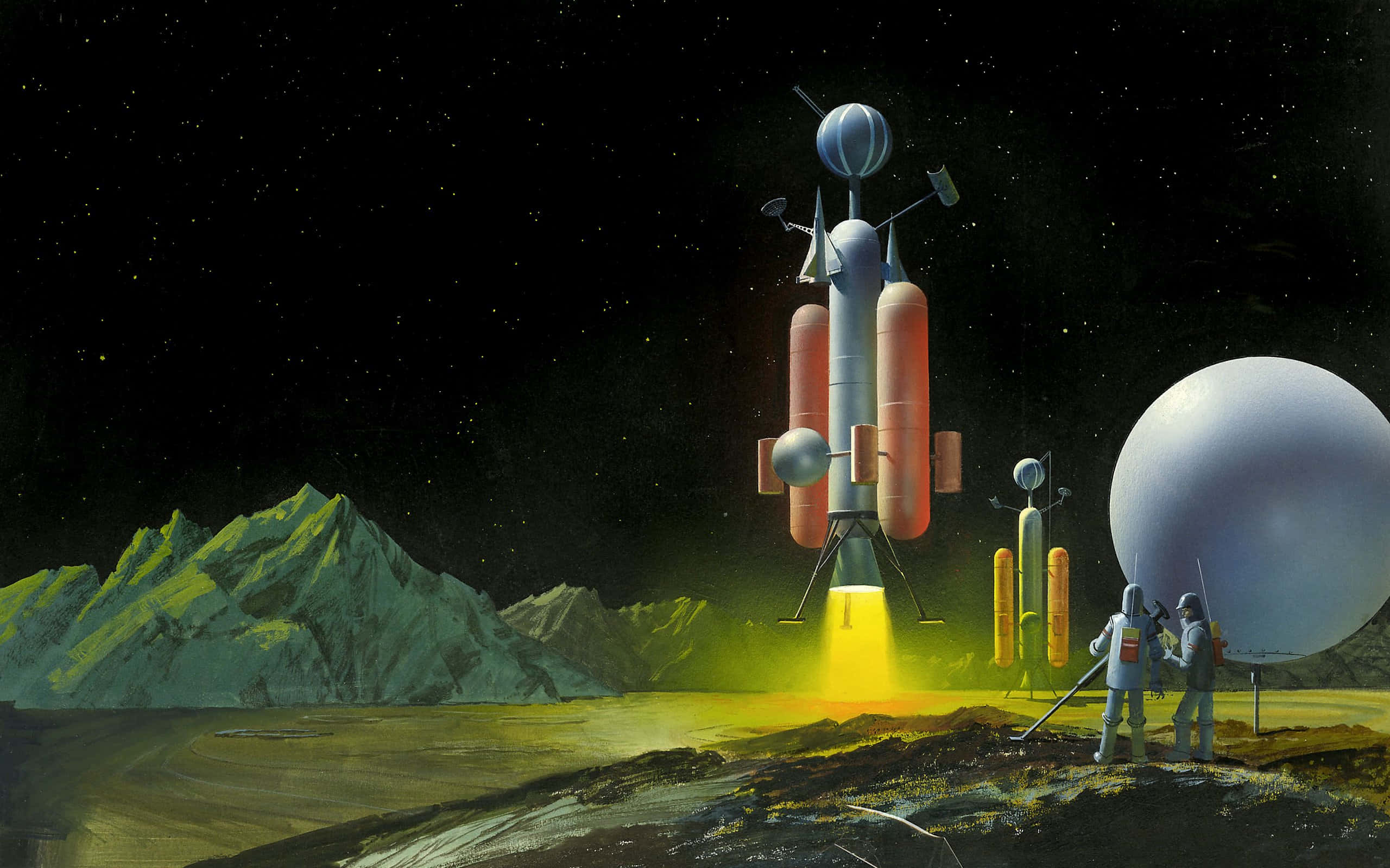 Retro Futurism 桌布 壁紙 — 在一個岩石外星行星上，兩名太空人站在發光的火箭旁邊，星空下有一輪巨大的月亮。