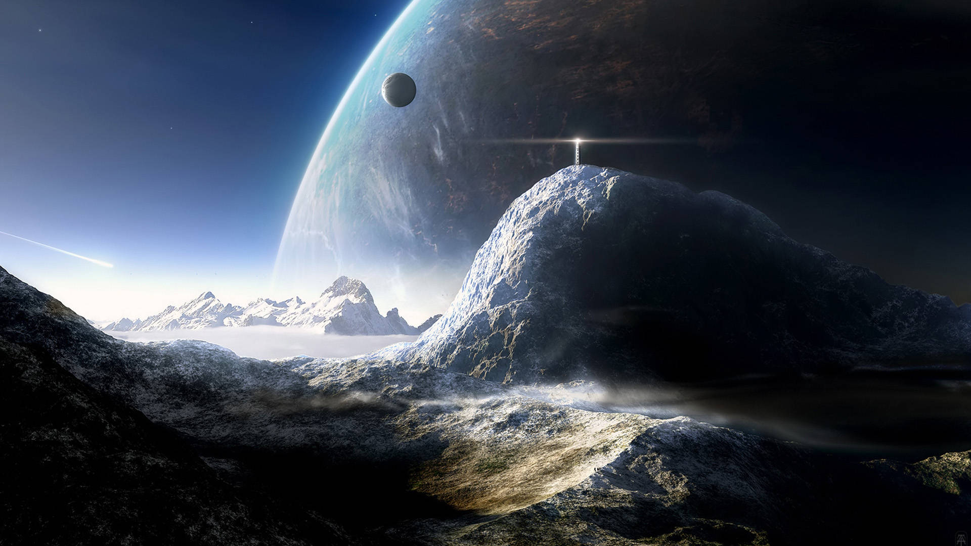 宇宙 桌布 壁紙 — 在一個巨大的行星和月球之下，一座孤獨的發光尖塔從崎嶇的外星山脈中升起，構成宇宙景觀。