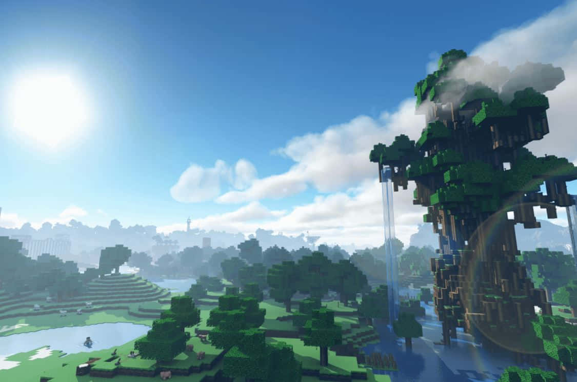 Minecraft Pixel Art 桌布 壁紙 — 在一個方塊Minecraft世界中的晴朗日子，特色是有瀑布的高聳樹木和遠處的村莊。