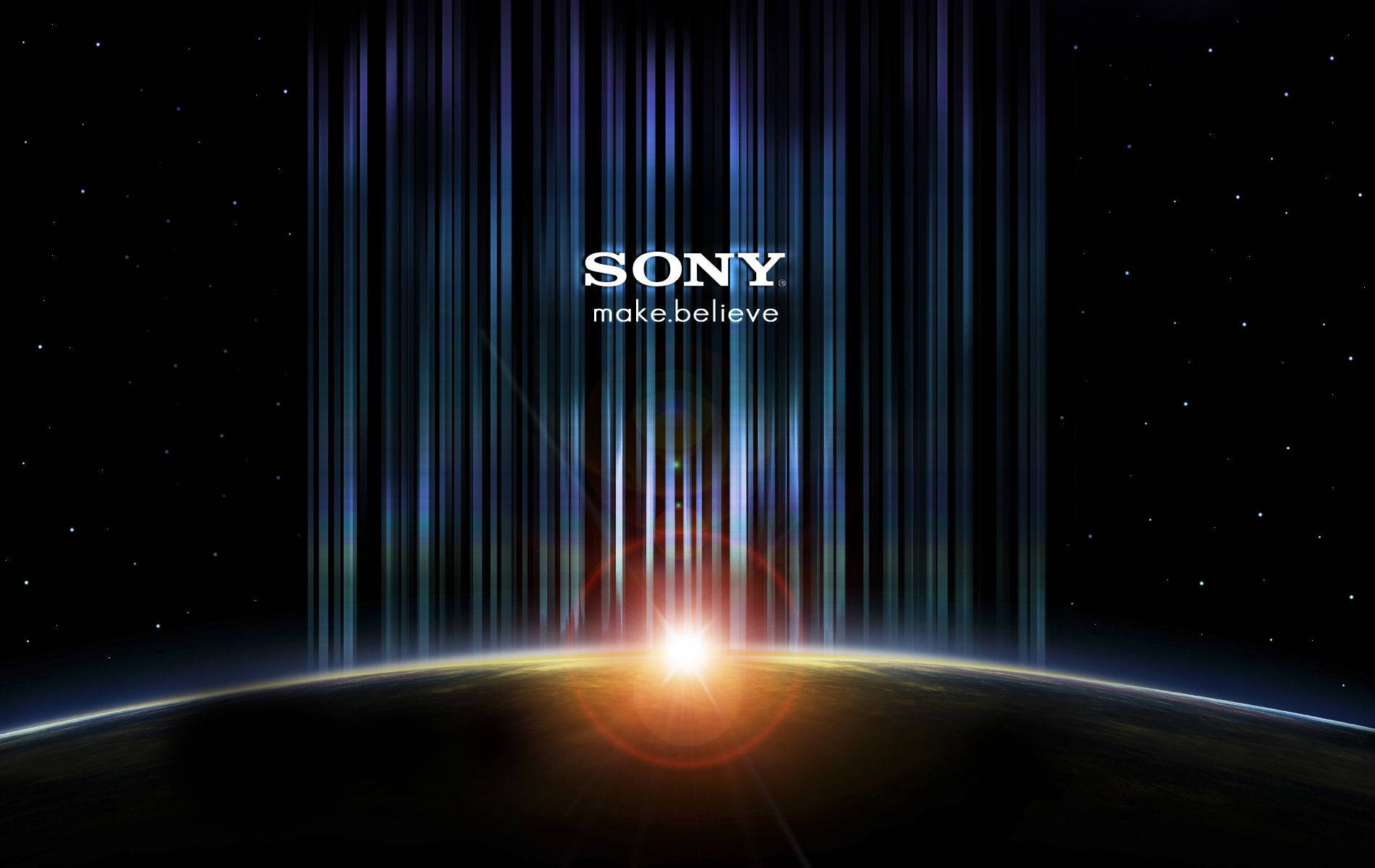 Sony 桌布 壁紙 — 在一個星球上，宇宙日出伴隨著垂直光束，Sony標誌在繁星點點的黑夜中閃耀。