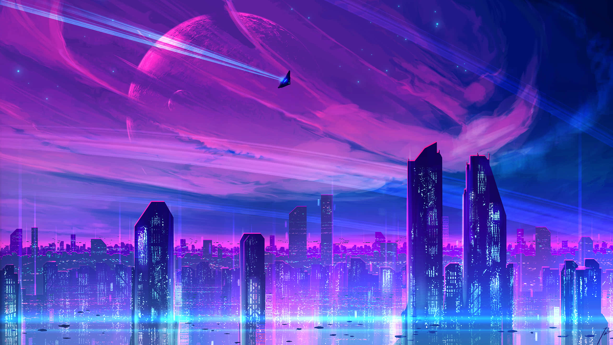 Synthwave City 桌布 壁紙 — 在一個有行星和飛船的宇宙天空下，未來主義的城市景觀閃爍著霓虹紫色和藍色的光芒。