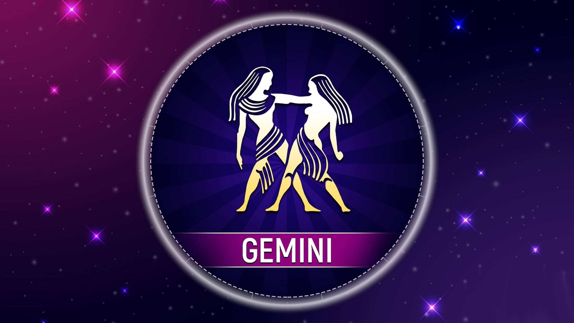 gemini 桌布 壁紙 — 在一個發光的圓形框架內，標有 GEMINI，兩個白色剪影人物處於宇宙紫色星場中。