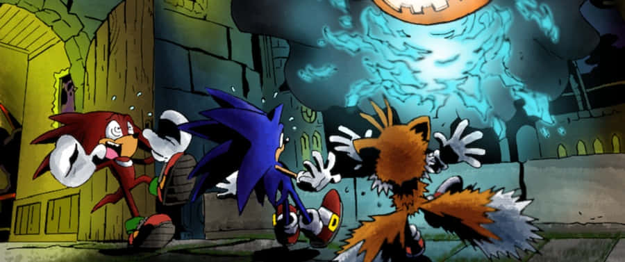 Sonic Mystic Mansion 桌布 壁紙 — 在一個陰森的石頭廢墟中，Sonic、Knuckles 和 Tails 驚恐地逃離一個發光的藍色幽靈實體。