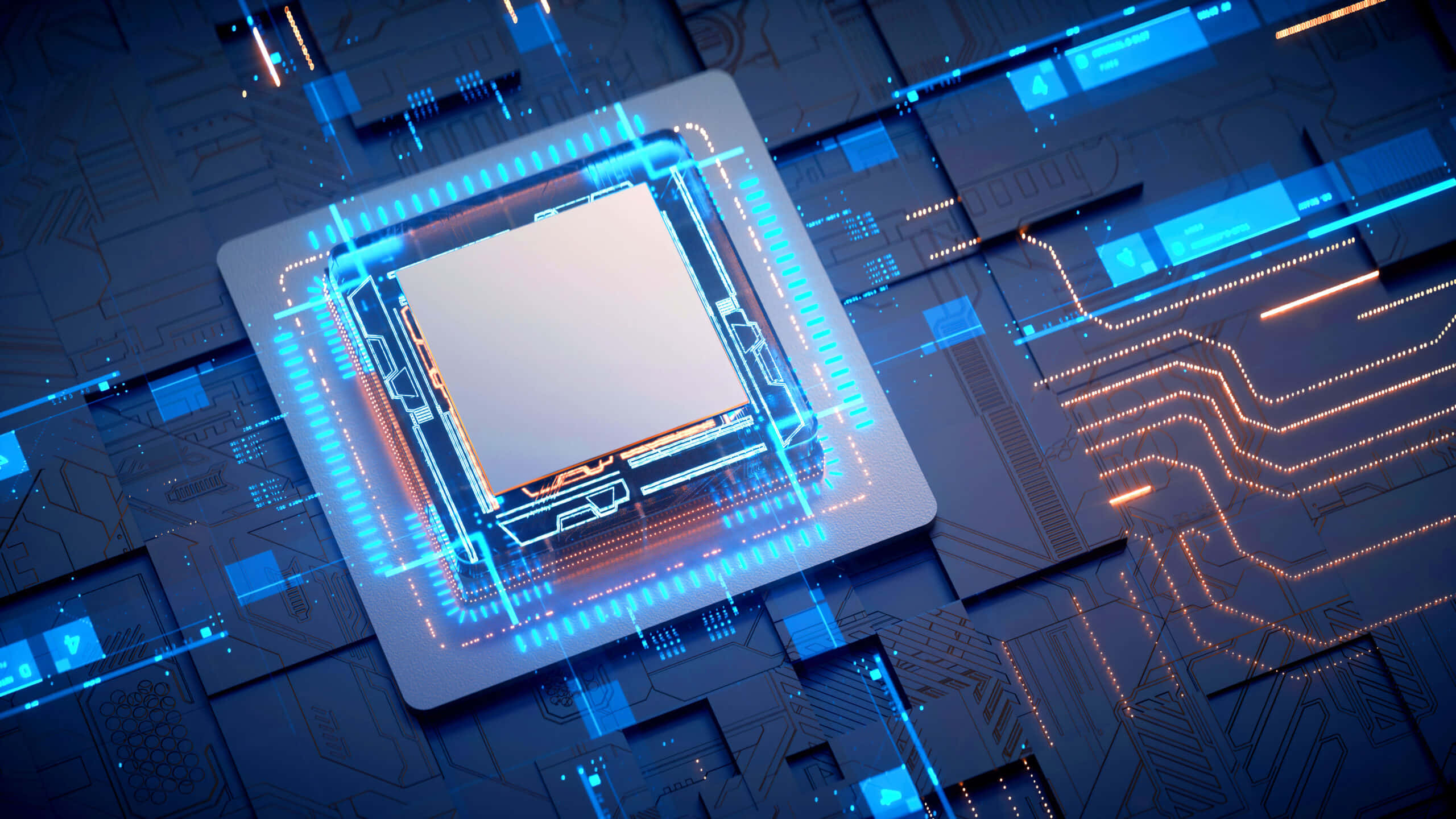 3d Technology 桌布 壁紙 — 在一個高科技數位環境中，一塊複雜的電路板上，一顆發光的藍色和橙色微晶片充滿能量地脈動著。
