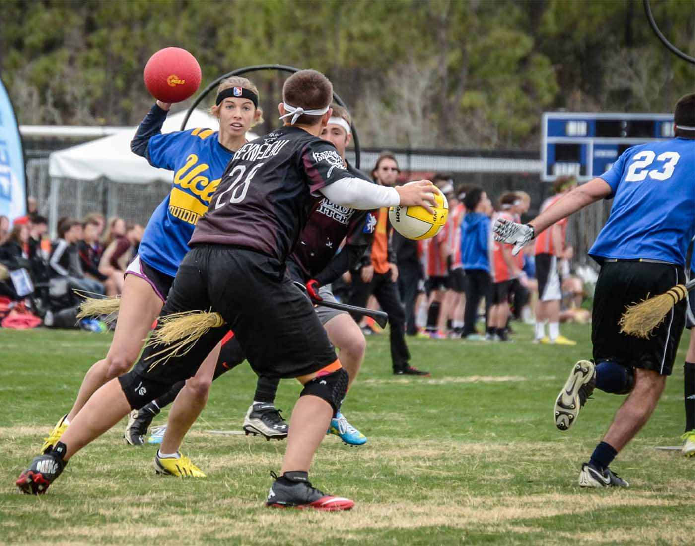 Quidditch 桌布 壁紙 — 在一場競爭激烈的終極飛盤比賽中，選手們在草地上爭奪控球權，觀眾在旁觀看。