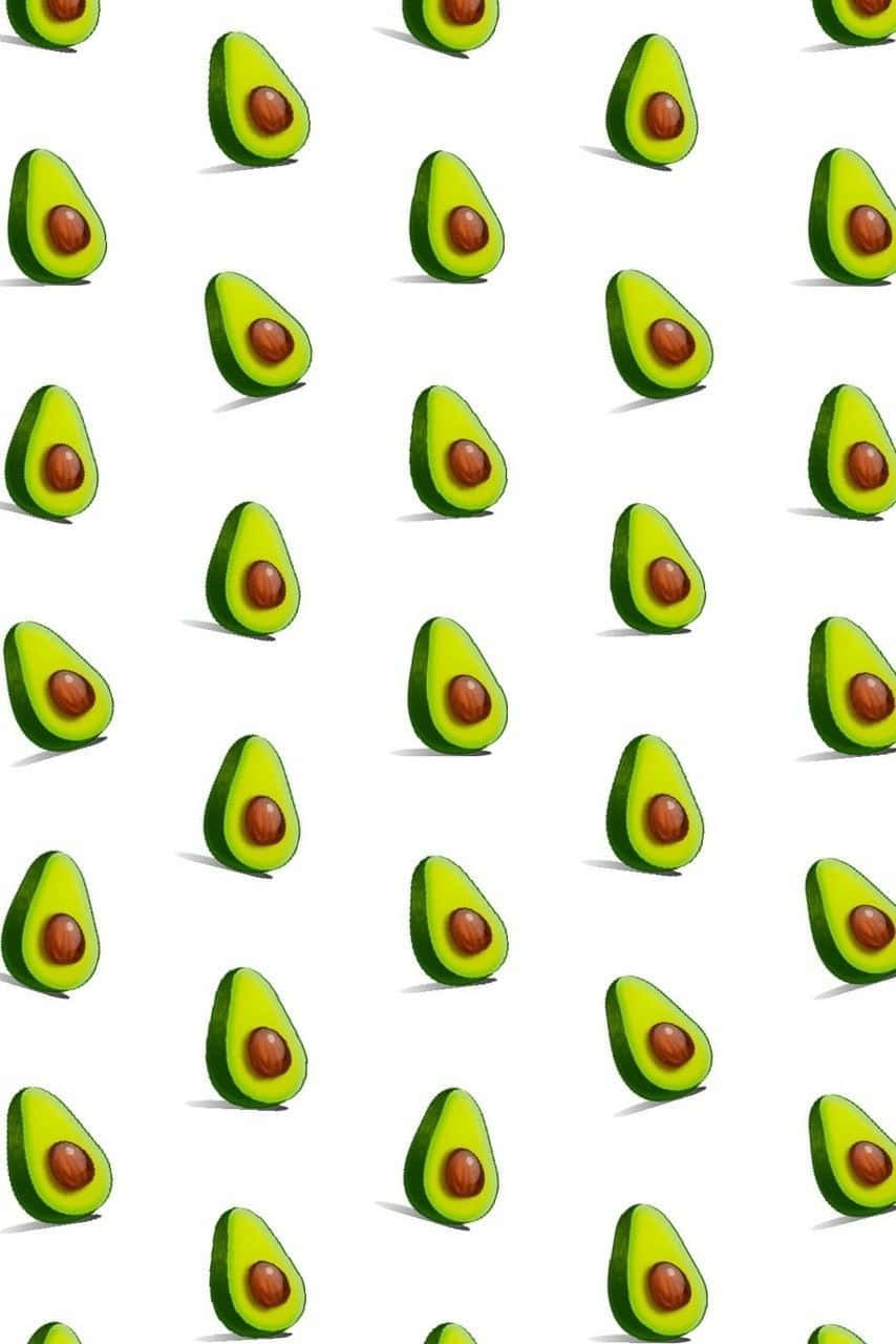 Avocado iPhone 桌布 壁紙 — 在乾淨的白色背景上，帶有棕色果核的切片酪梨重複圖案。