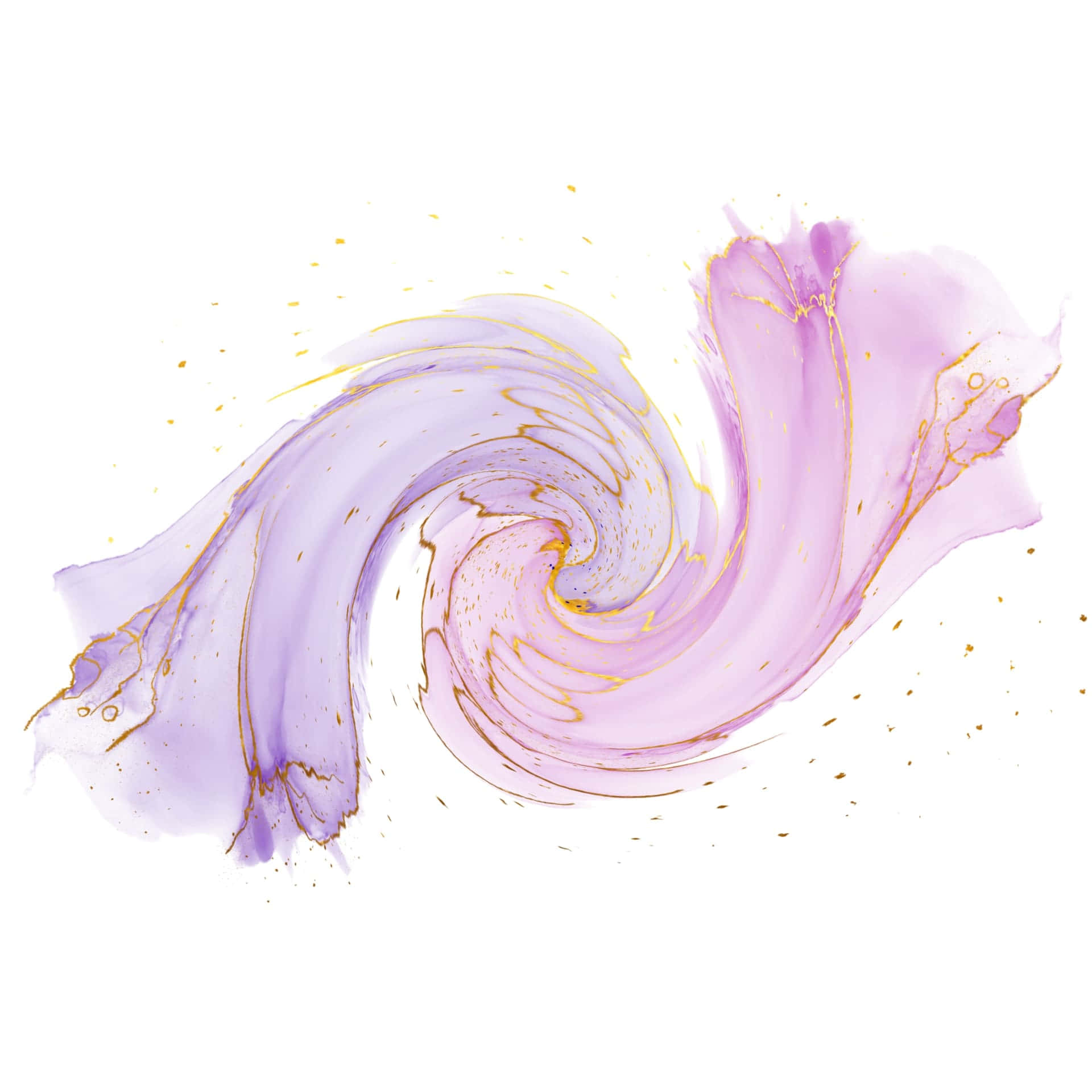Violet 桌布 壁紙 — 在乾淨的白色背景上，旋轉的薰衣草色和金色抽象油漆潑濺，帶有精緻的飛濺。