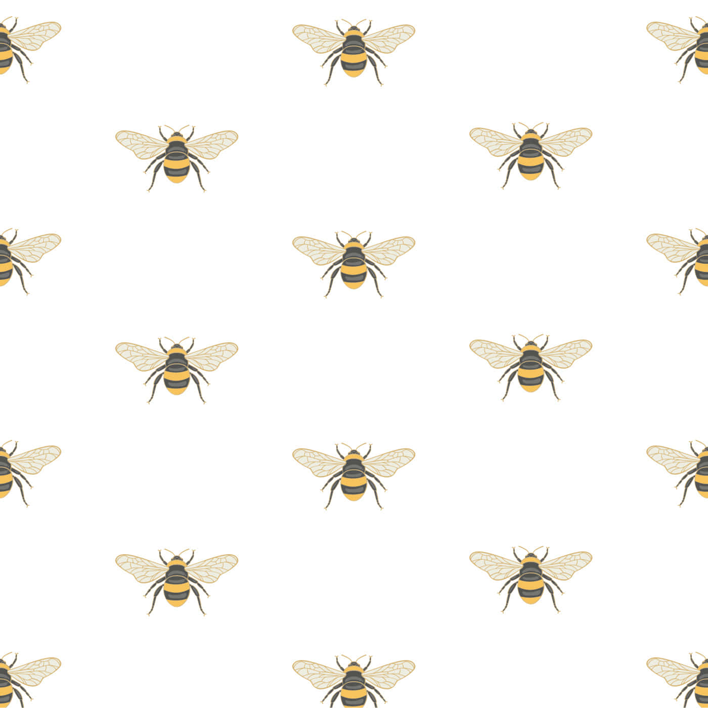 Bee 桌布 壁紙 — 在乾淨的白色背景上，重複圖案由風格化的黃色和黑色蜜蜂組成，帶有半透明翅膀。