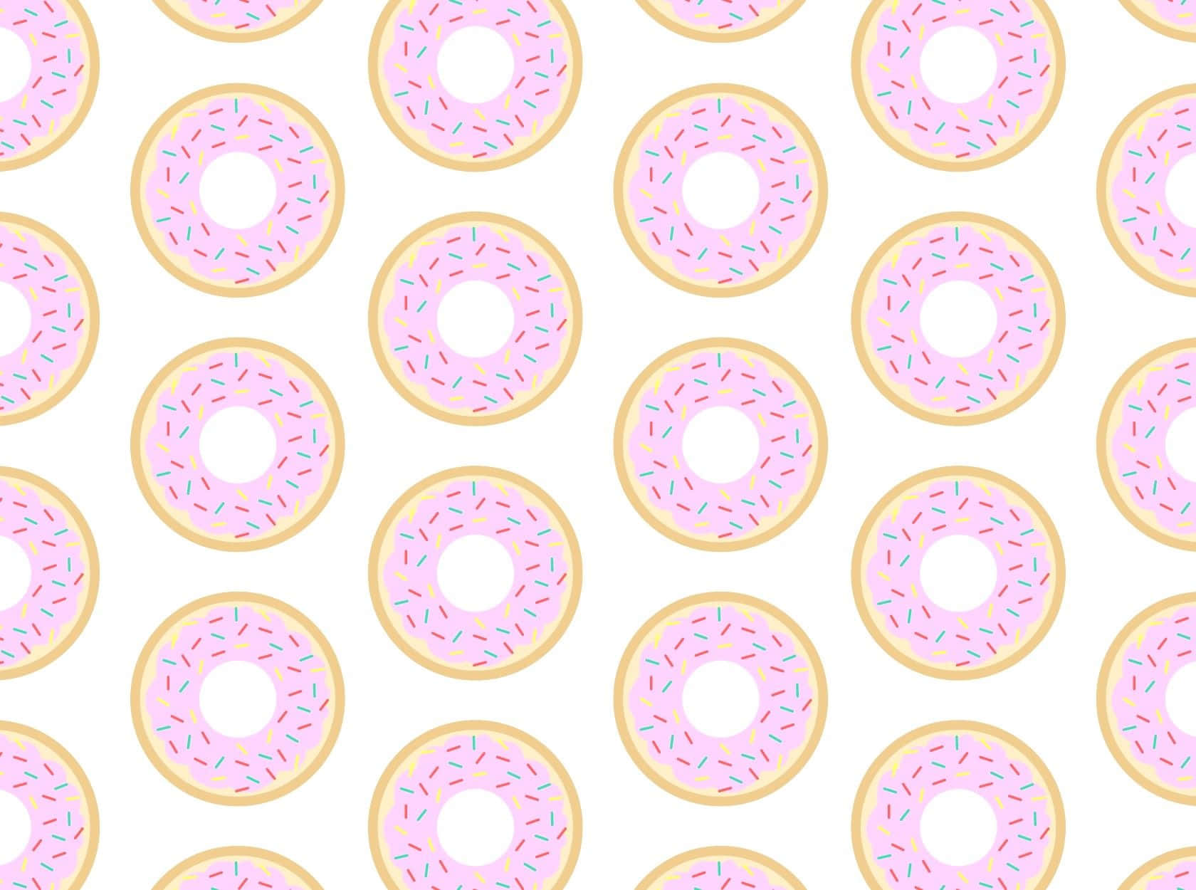 Cute Donut 桌布 壁紙 — 在乾淨的白色背景上，重複的粉紅色糖霜甜甜圈圖案，上面有彩色糖粒。