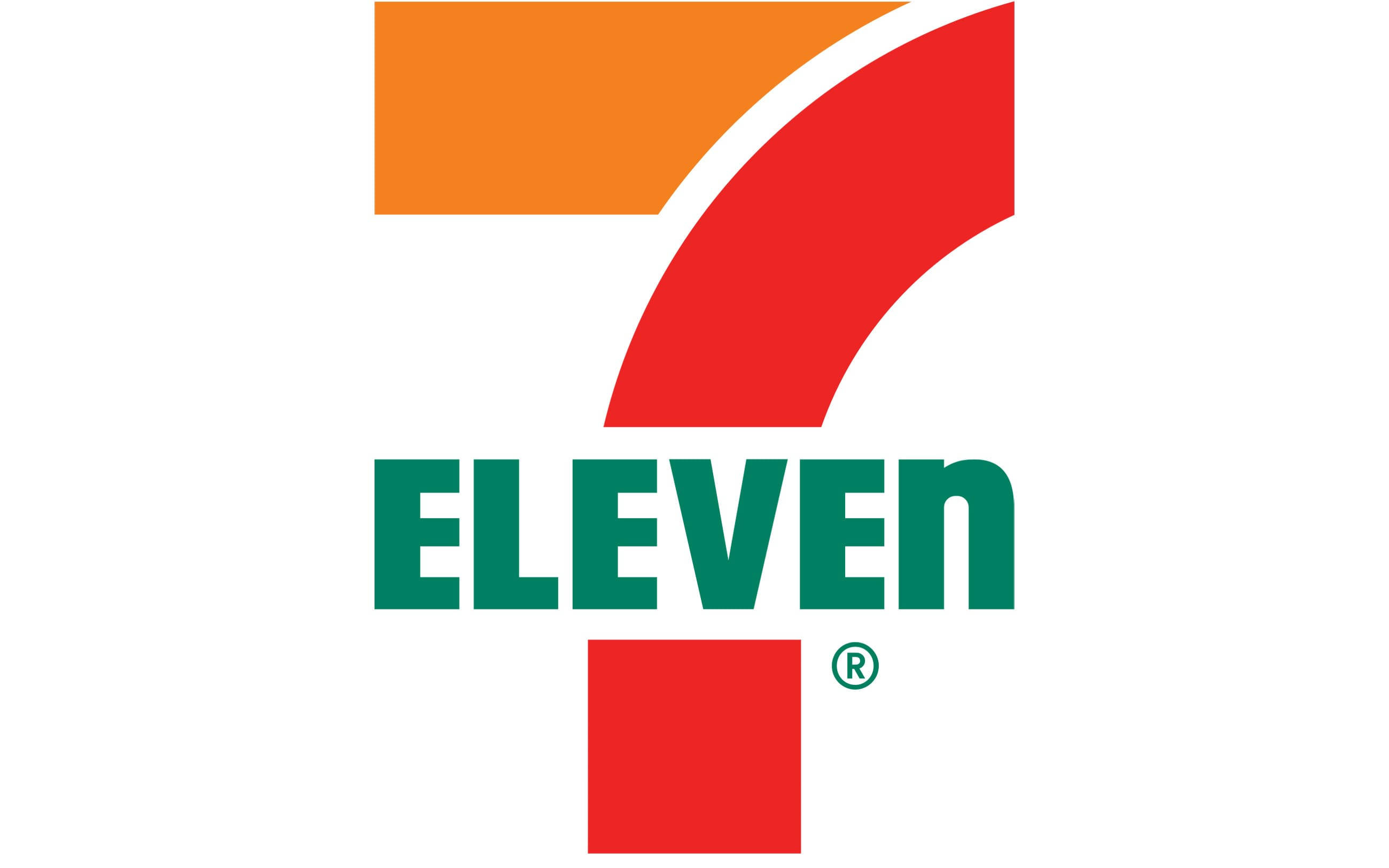 Eleven 桌布 壁紙 — 在乾淨的白色背景上帶有註冊商標符號的醒目紅橙綠色7 eleven標誌。