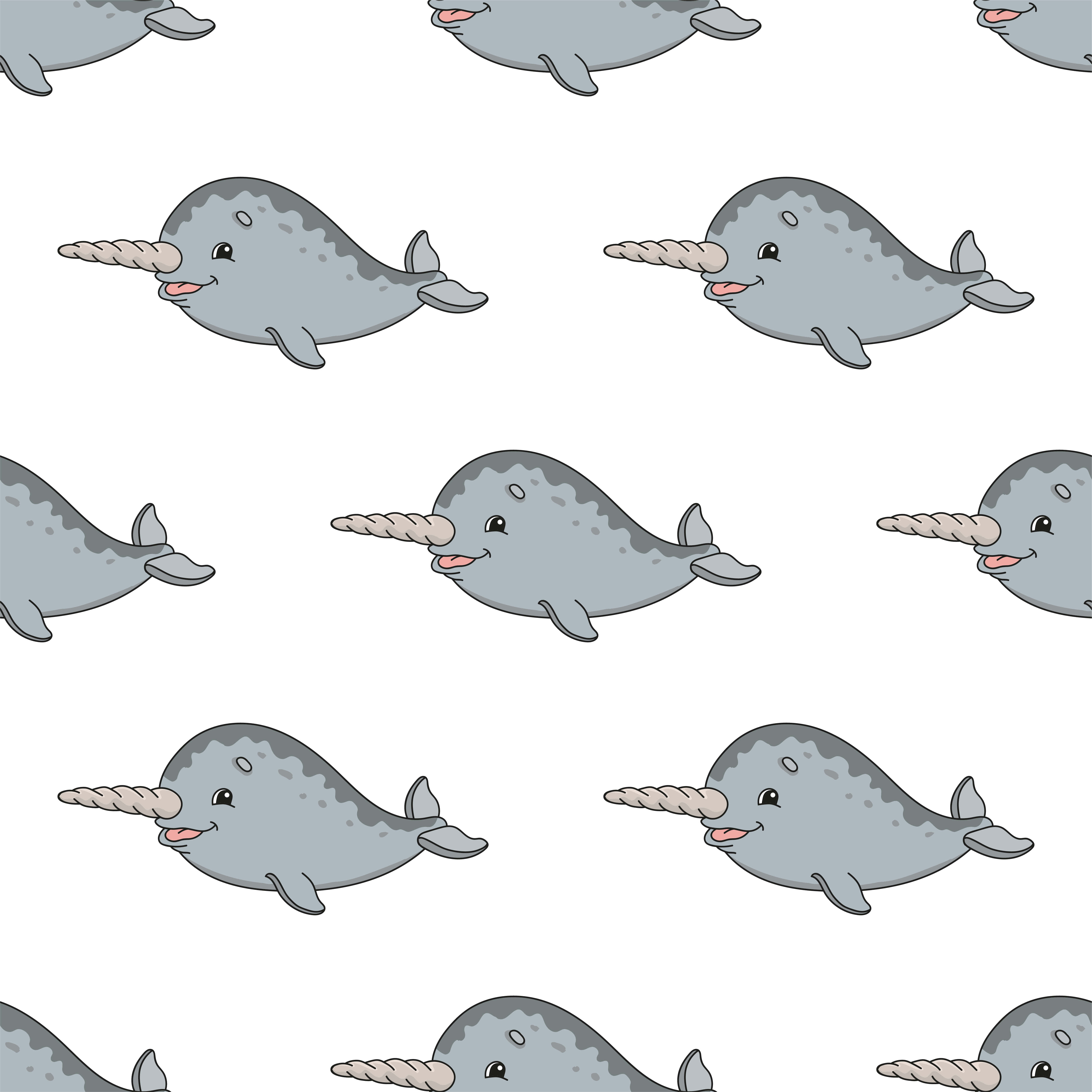 Narwhal 桌布 壁紙 — 在乾淨的白色背景上游泳的可愛卡通獨角鯨重複圖案，帶有螺旋角。