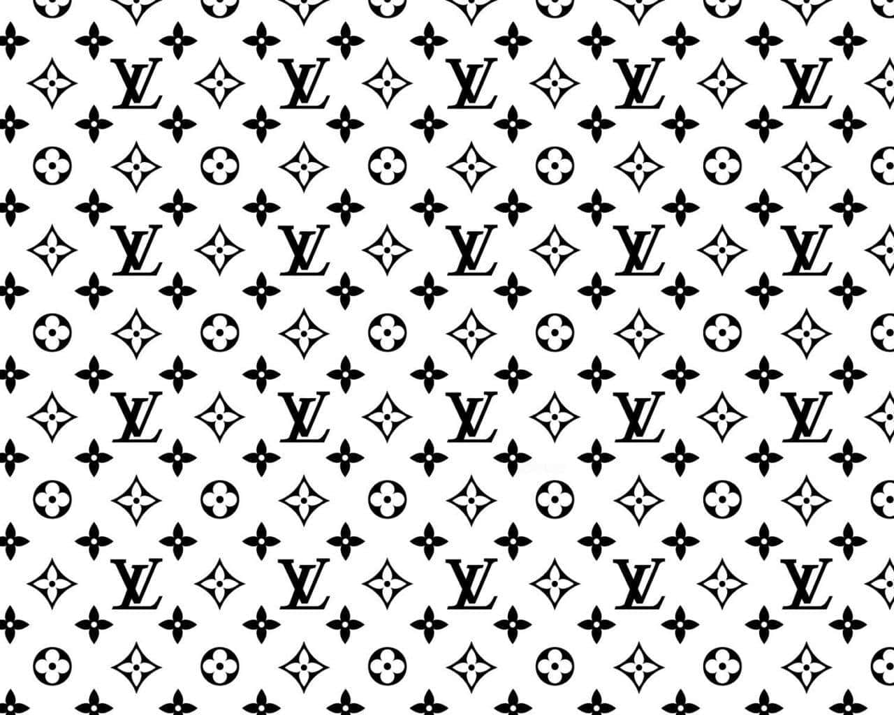 標誌 桌布 壁紙 — 在乾淨的白色背景上重複出現的 Louis Vuitton 字母組合標誌和花卉圖案的黑白圖案。