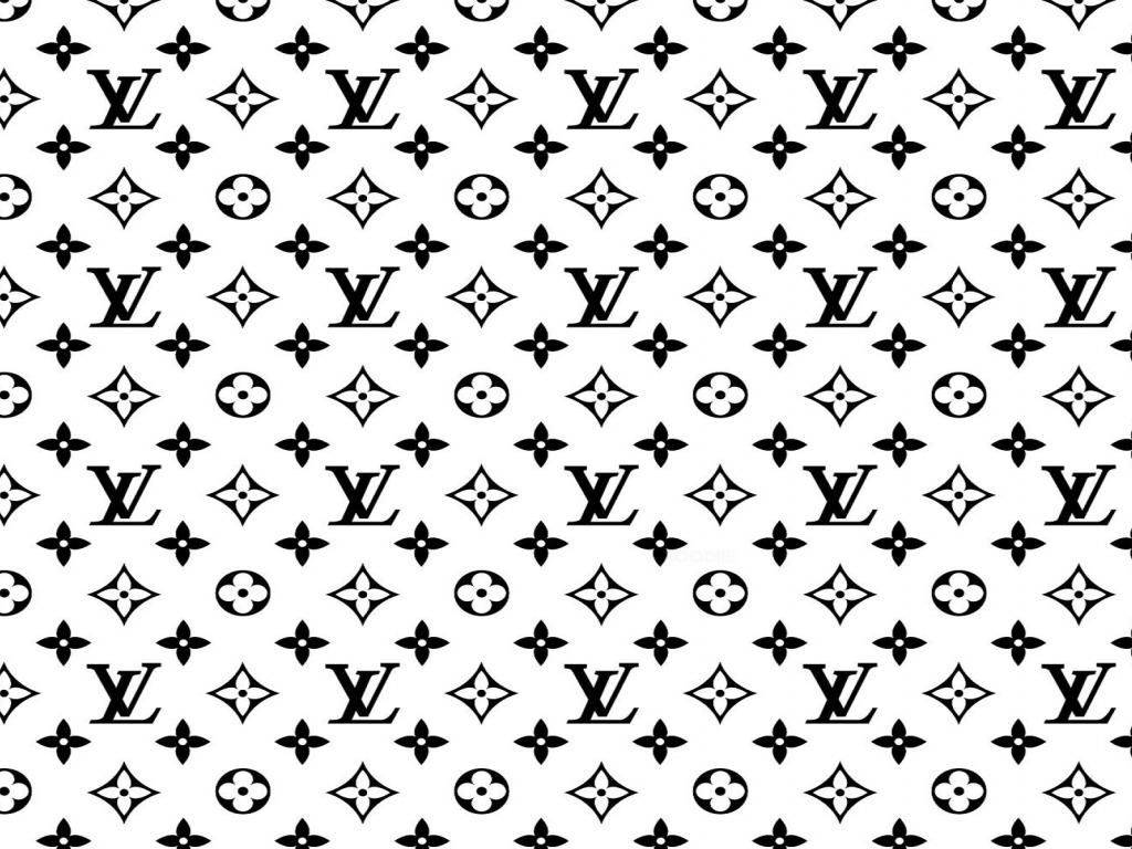 路易威登 桌布 壁紙 — 在乾淨的白色背景上重複出現的 Louis Vuitton 字母組合標誌和花卉圖案的黑白圖案。