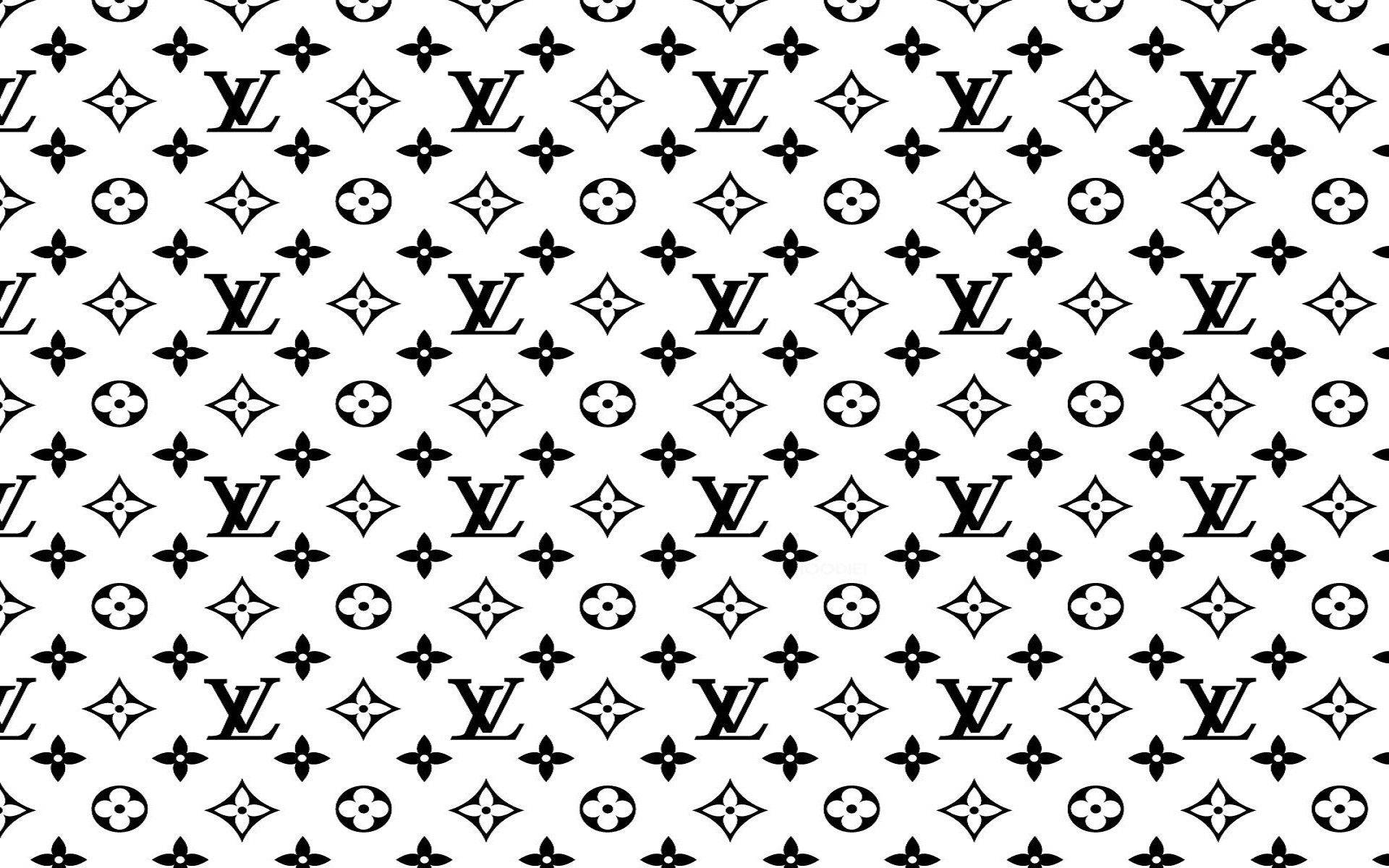 路易威登 桌布 壁紙 — 在乾淨的白色背景上重複出現的Louis Vuitton字母組合標誌和花卉圖案的黑白圖案。