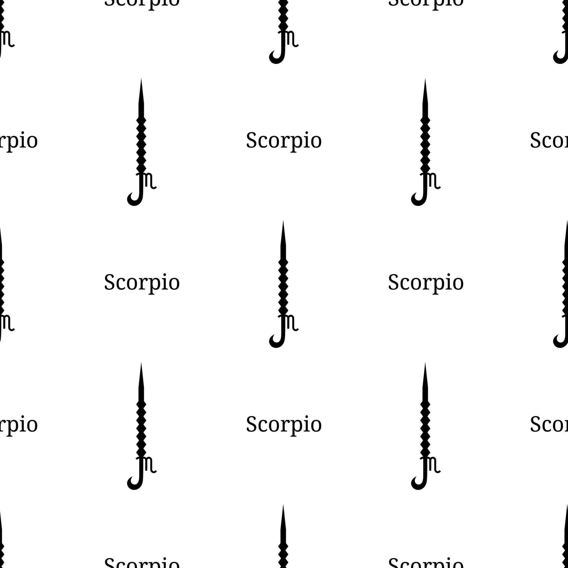 Scorpio 桌布 壁紙 — 在乾淨的白色背景上重複出現黑色天蠍座星座符號和文字，形成無縫圖案。