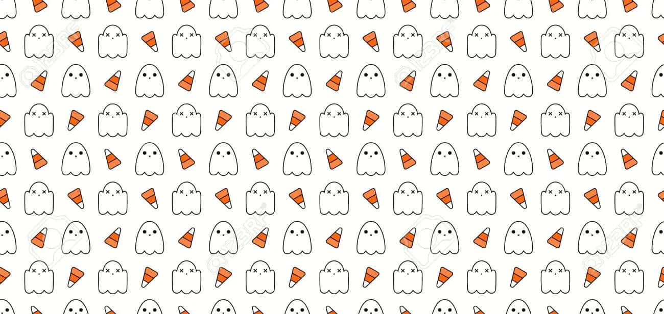Cute Ghost 桌布 壁紙 — 在乾淨的白色背景上重複的可愛白色幽靈和橙色糖果玉米圖案。