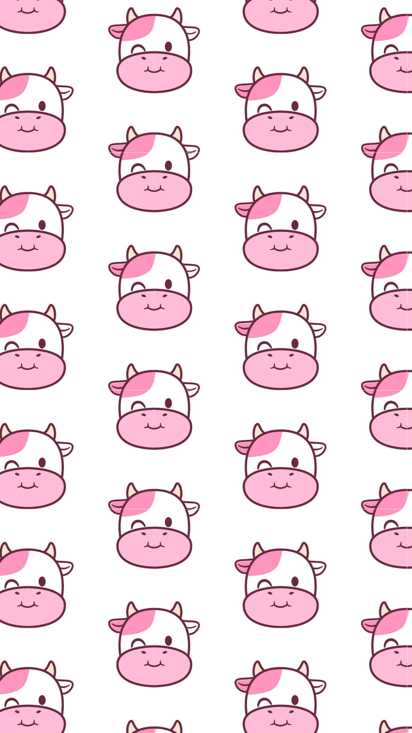 Strawberry Cow 桌布 壁紙 — 在乾淨的白色背景上重複的可愛粉紅色和白色卡通牛臉圖案，帶有簡單的微笑。