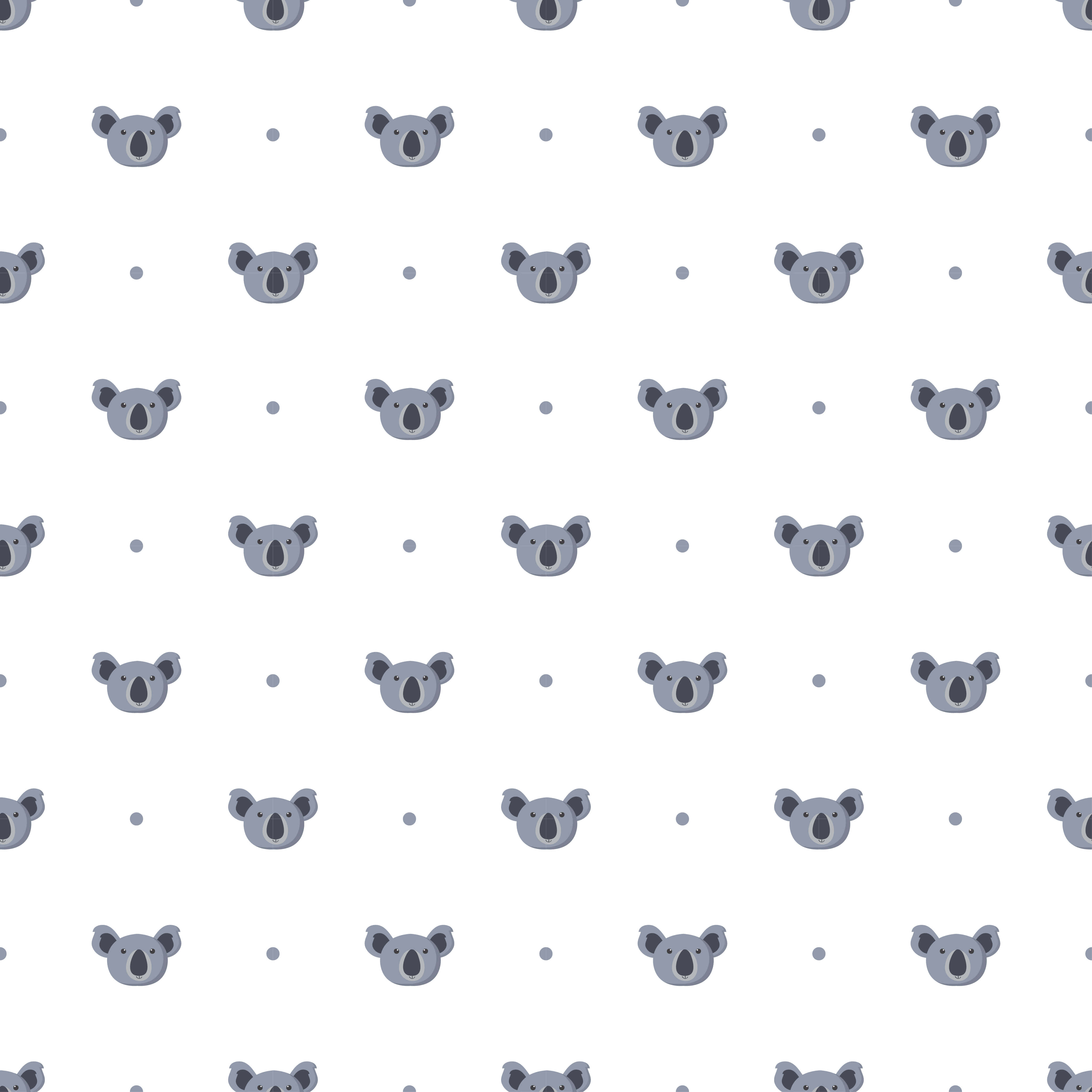 Koala 桌布 壁紙 — 在乾淨的白色背景上重複的灰色無尾熊臉和圓點圖案。