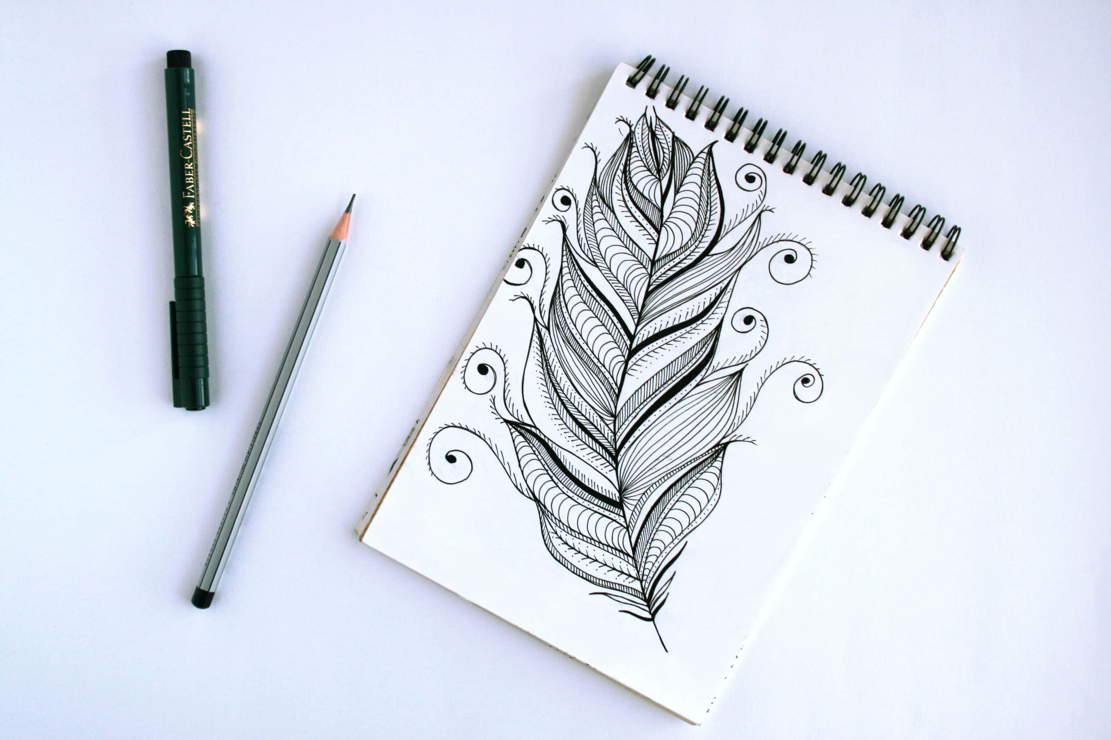sketch 桌布 壁紙 — 在乾淨的白色表面上，螺旋筆記本中鉛筆和綠色筆旁邊的詳細黑色墨水羽毛塗鴉。