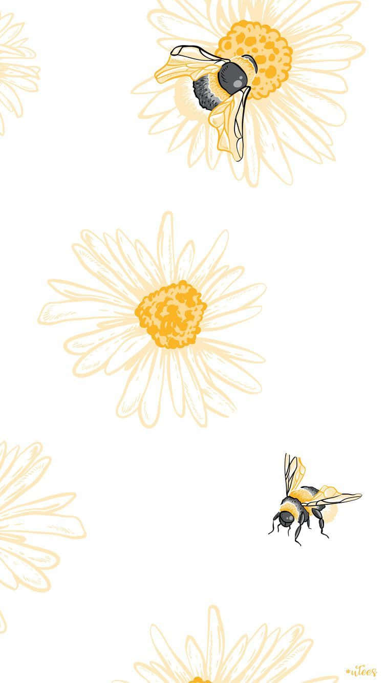 bees 桌布 壁紙 — 在乾淨背景上，以柔和黃色和白色色調繪製的雛菊和蜜蜂的精緻插圖。