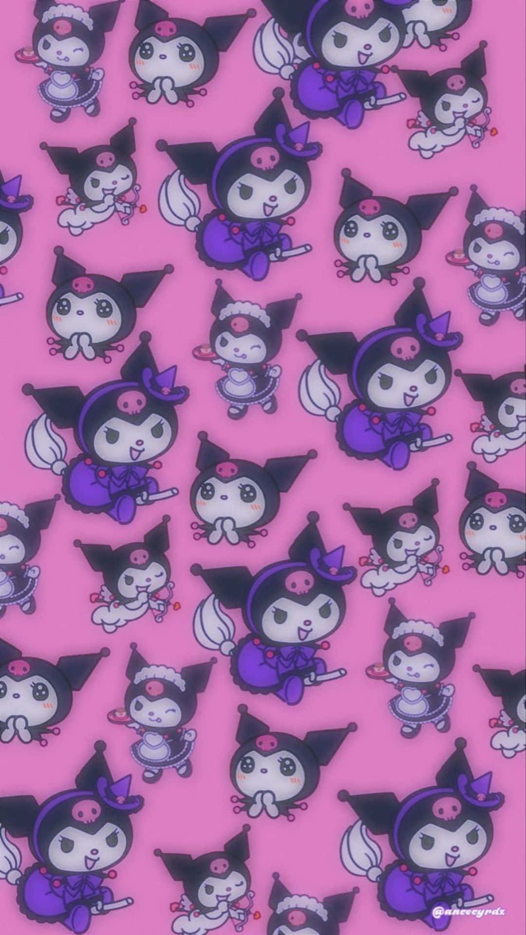 Kuromi Pattern 桌布 壁紙 — 在亮粉紅色背景上，可愛的動漫風格 Kuromi 角色穿著紫色女巫服裝的重複圖案。