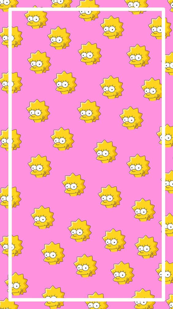 Simpsons Aesthetic 桌布 壁紙 — 在亮粉色背景上重複的麗莎·辛普森臉部圖案，帶有白色邊框。