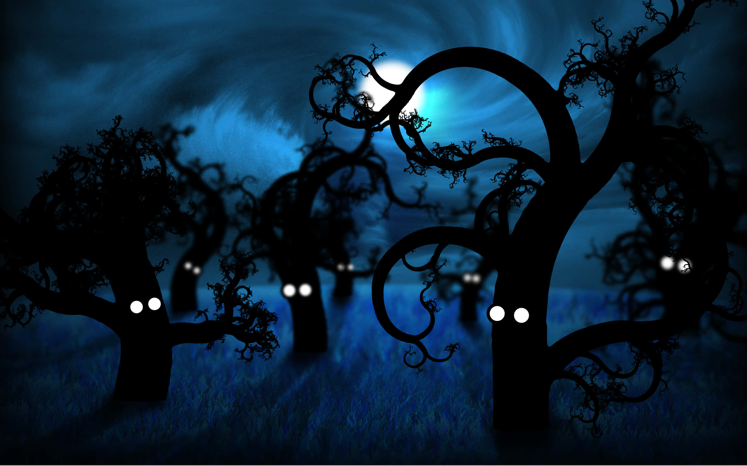 Haunted Forests 桌布 壁紙 — 在令人難忘的森林場景中，剪影般的扭曲樹木帶著發光的眼睛，在旋轉的月光藍天下凝視。